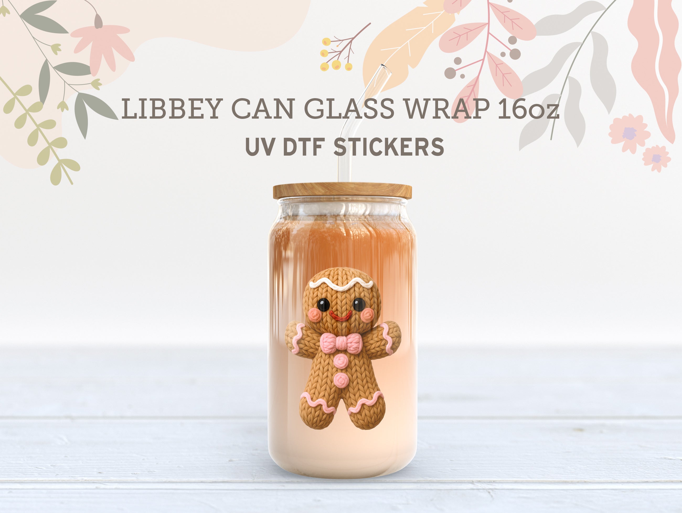 Pink Christmas UV DTF Wrap for 16oz Libbey Glass – Cute Knit Holiday Design UV195