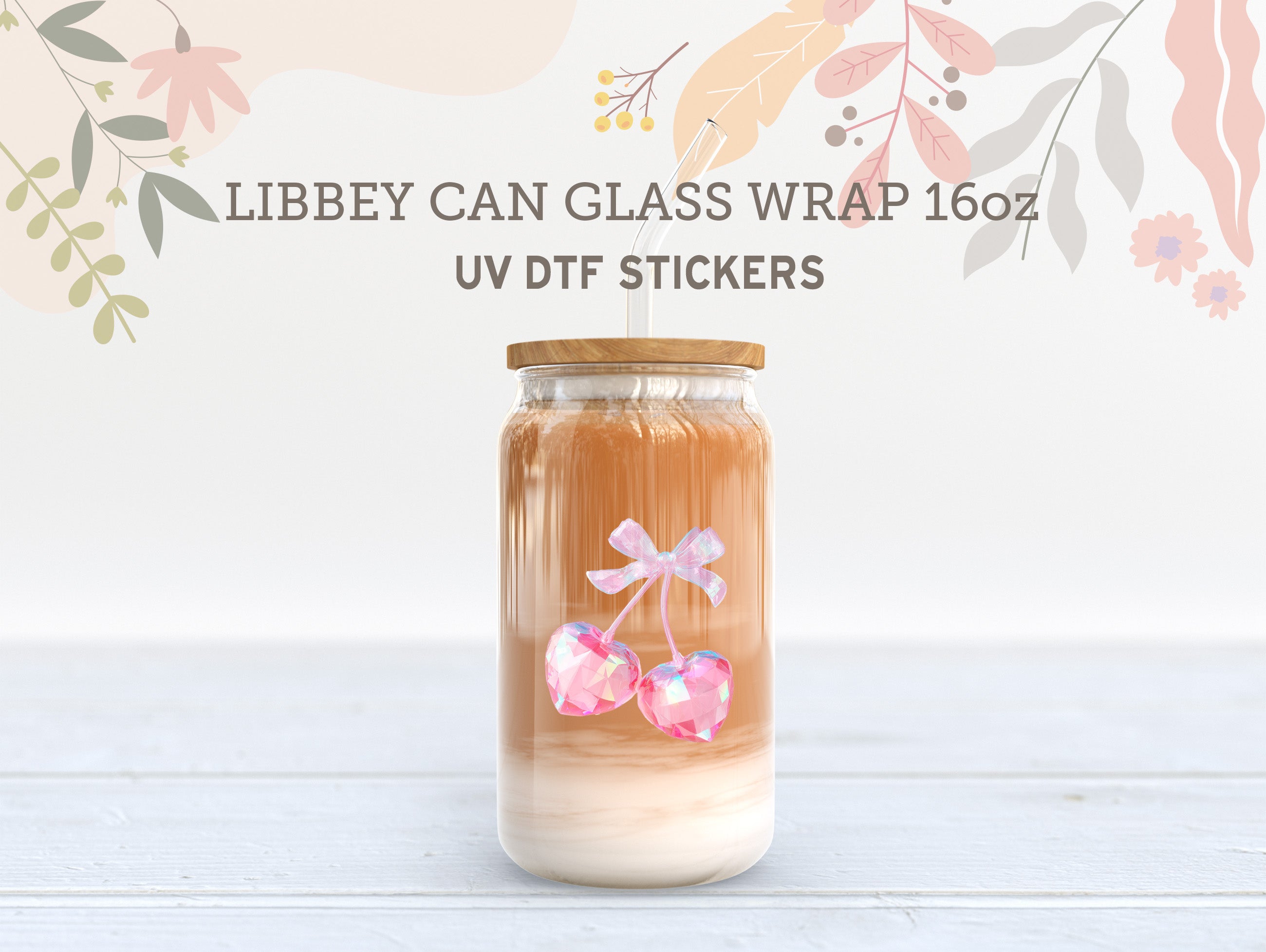 Pink Crystal Cherry Bow UV DTF Libbey Wrap | 16oz Glass Can Sticker UV168