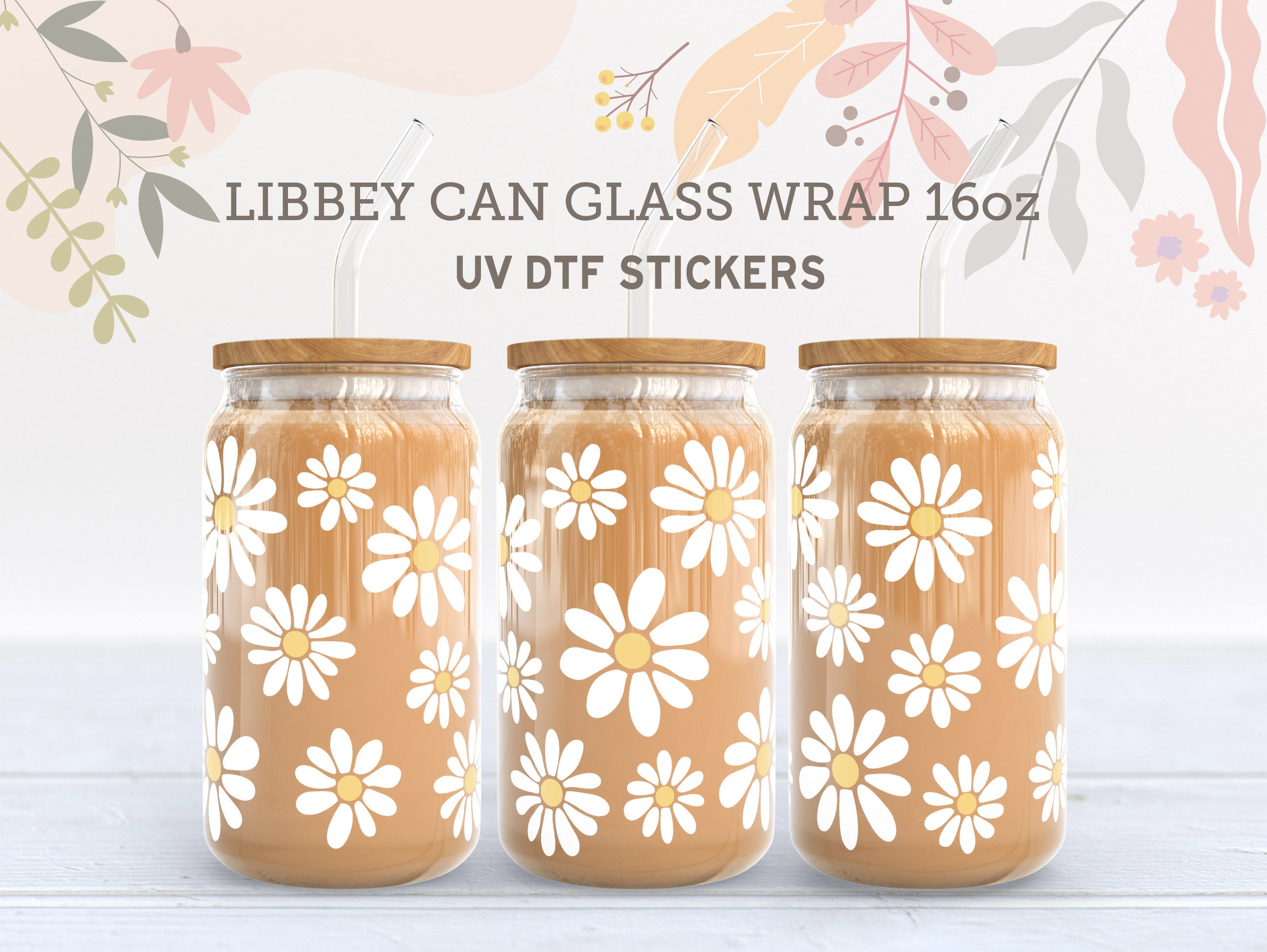 Daisy Flower UV DTF, Ready to Transfer, 16 oz Libbey Glass Can Wrap UV002