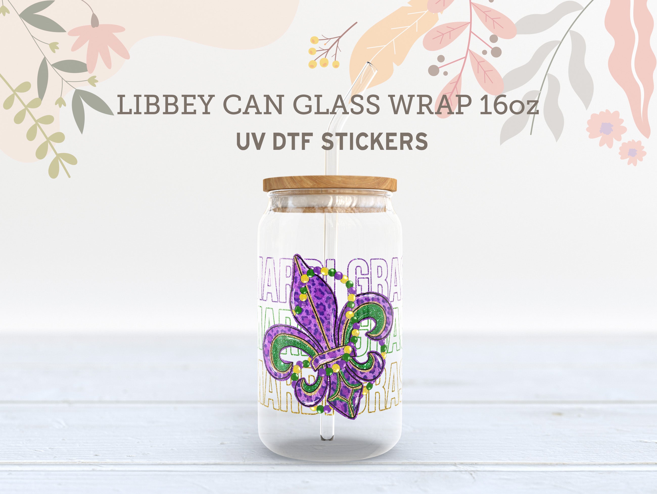 Mardi Gras Fleur-de-Lis UV DTF Wrap | 16oz Libbey Glass Sticker UV078