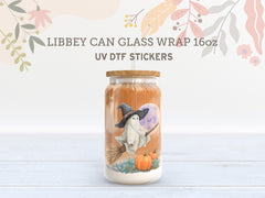 Witch Ghost on Broom UV DTF Libbey Wrap | Halloween 16oz Glass Can Sticker UV158