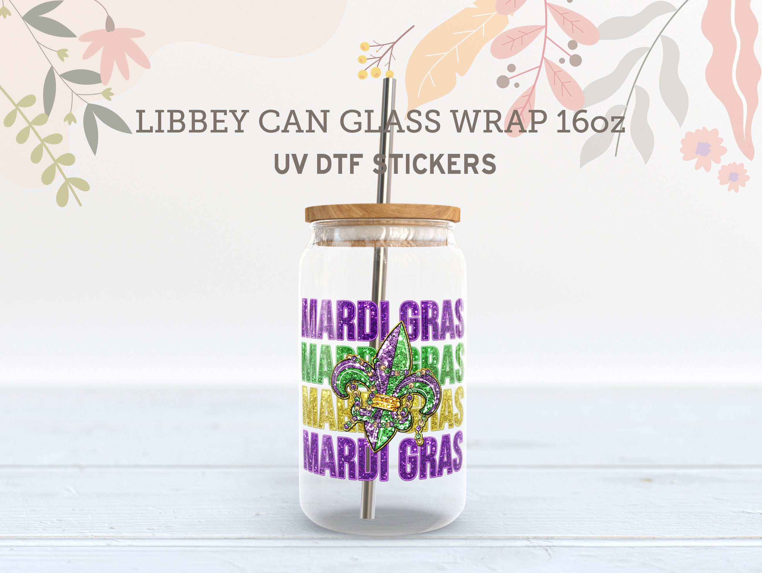 Mardi Gras Fleur-de-Lis UV DTF Wrap | 16oz Libbey Glass Sticker UV085
