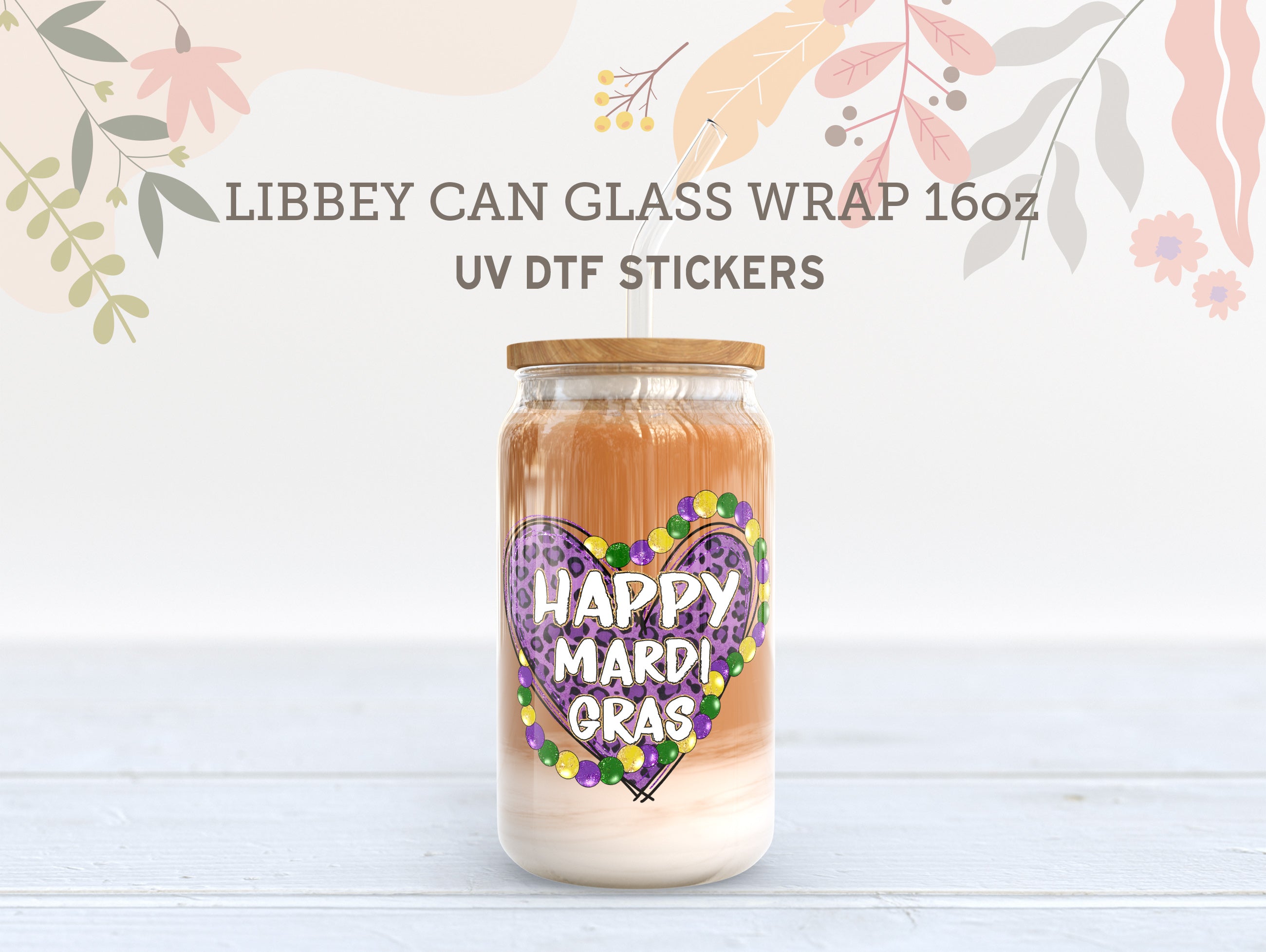 Happy Mardi Gras Heart UV DTF Wrap | 16oz Libbey Glass Cup Sticker UV086