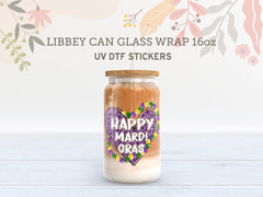 Happy Mardi Gras Heart UV DTF Wrap | 16oz Libbey Glass Cup Sticker UV086