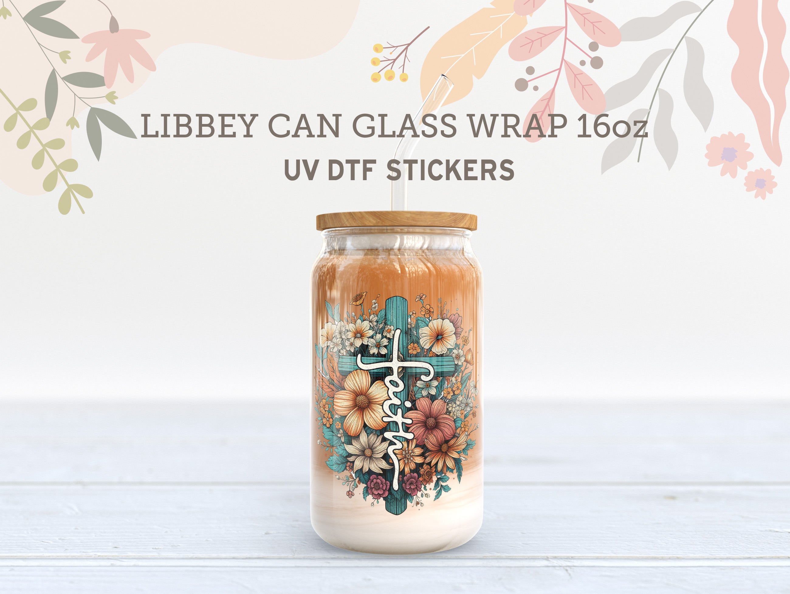 Faith Cross Floral UV DTF Wrap | 16oz Libbey Glass Cup Sticker UV076
