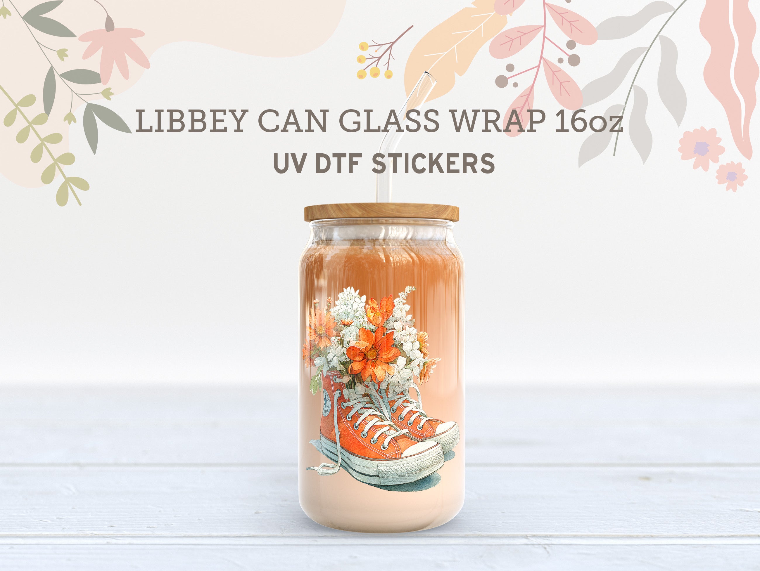 Floral Sneakers UV DTF Libbey Wrap | Retro Orange Flower 16oz Glass Can Sticker UV177