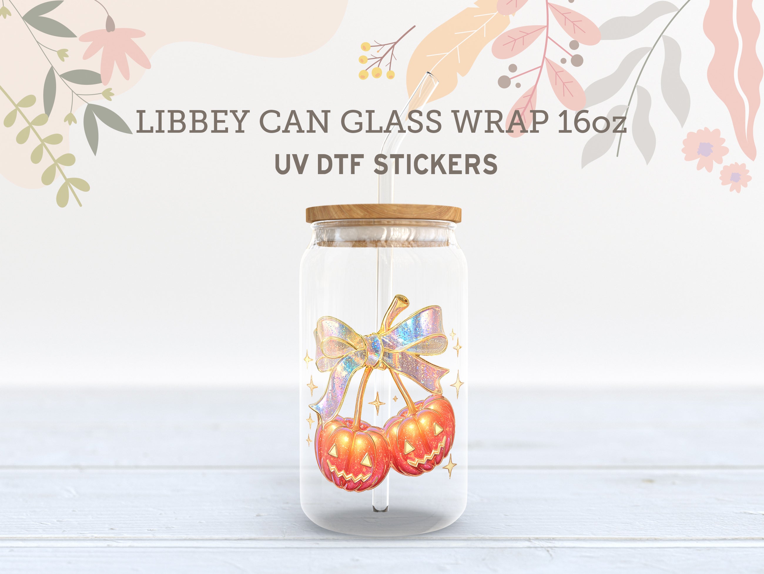 Glitter Pumpkin Bow UV DTF Wrap for 16oz Libbey Glass | Halloween Glam UV145