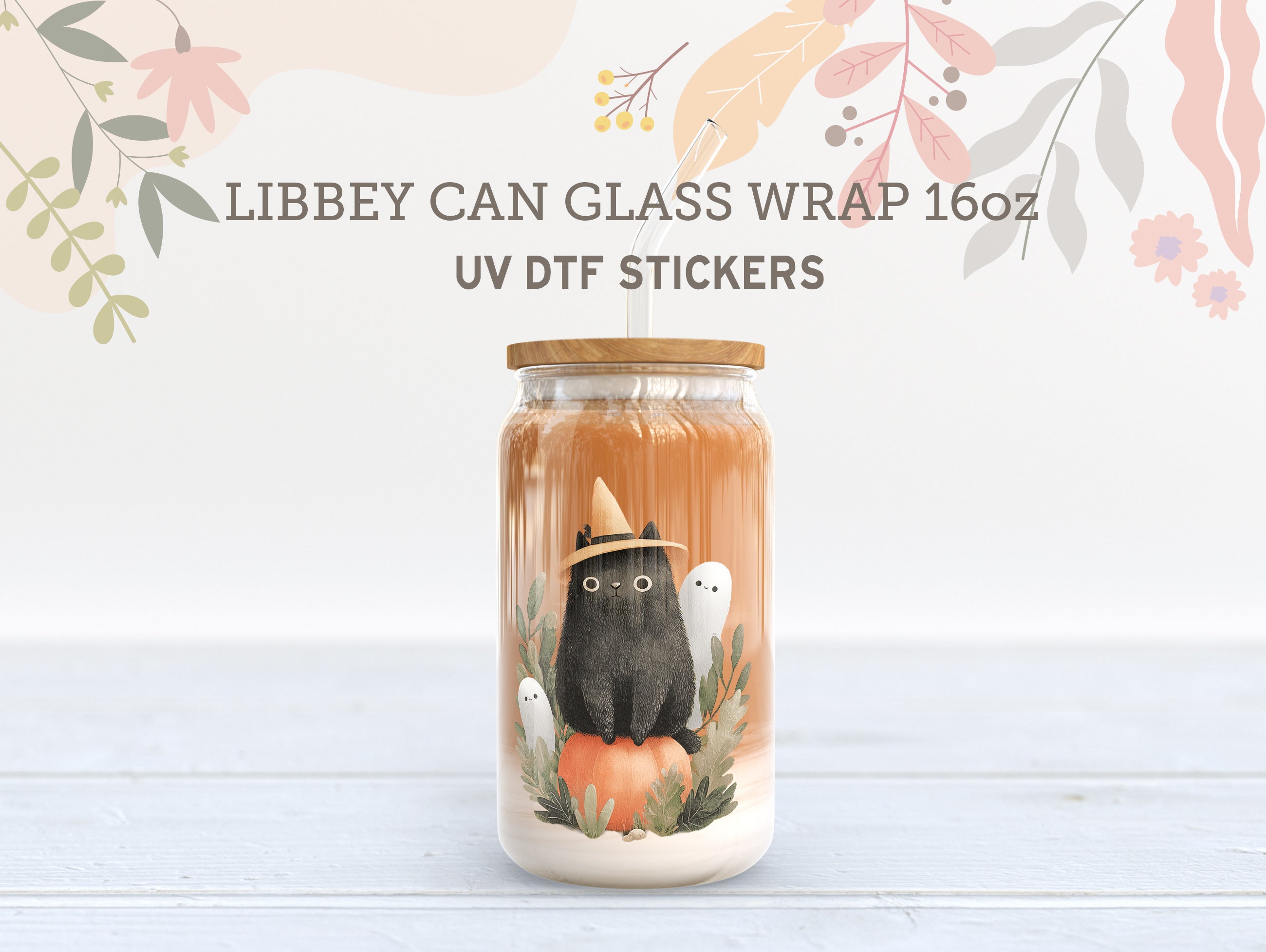 Witch Cat Halloween UV DTF Wrap for 16oz Libbey Glass | Cute Pumpkin UV143