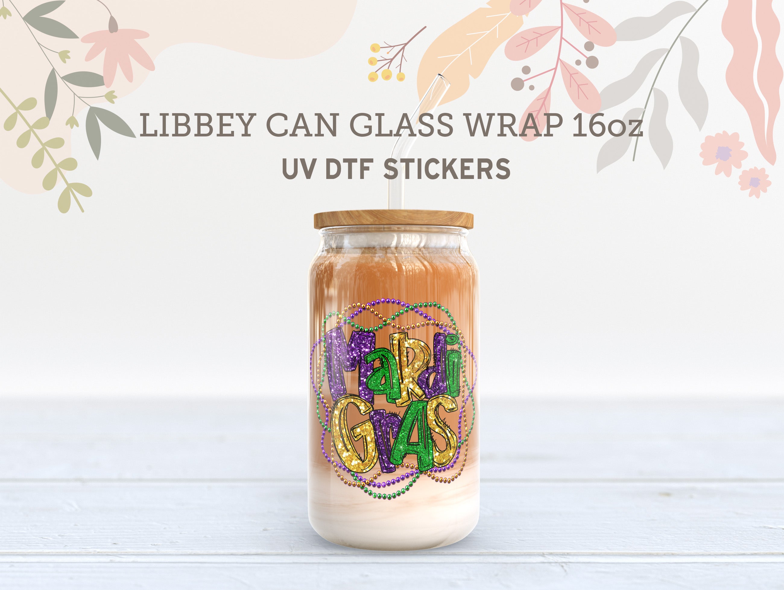 Mardi Gras UV DTF Wrap | 16oz Libbey Glass Cup Sticker UV071