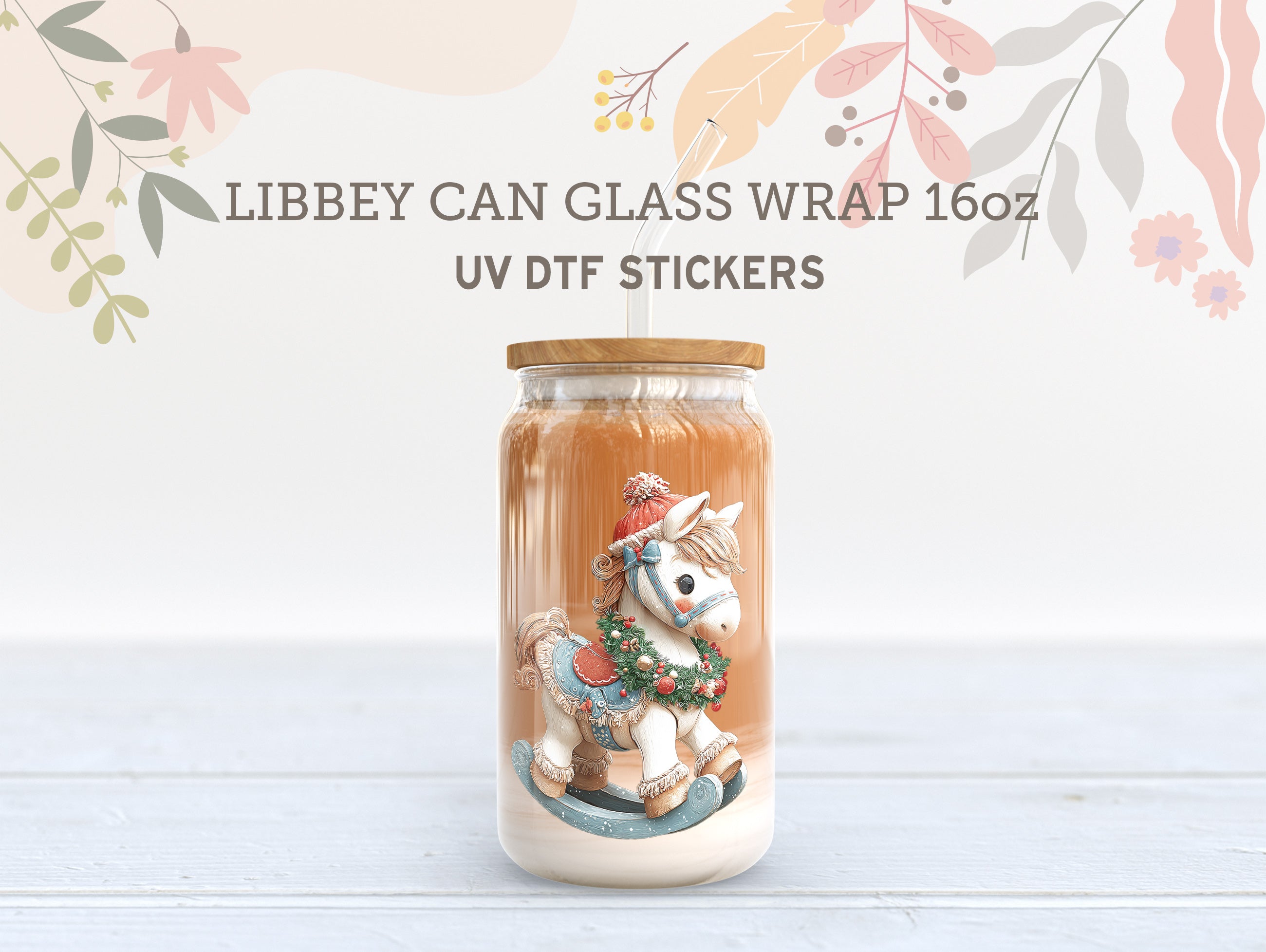 Decorative glass jar with a rocking horse design on a light wooden surface, featuring Libbey can glass wrap and UV DTF stickers text.
