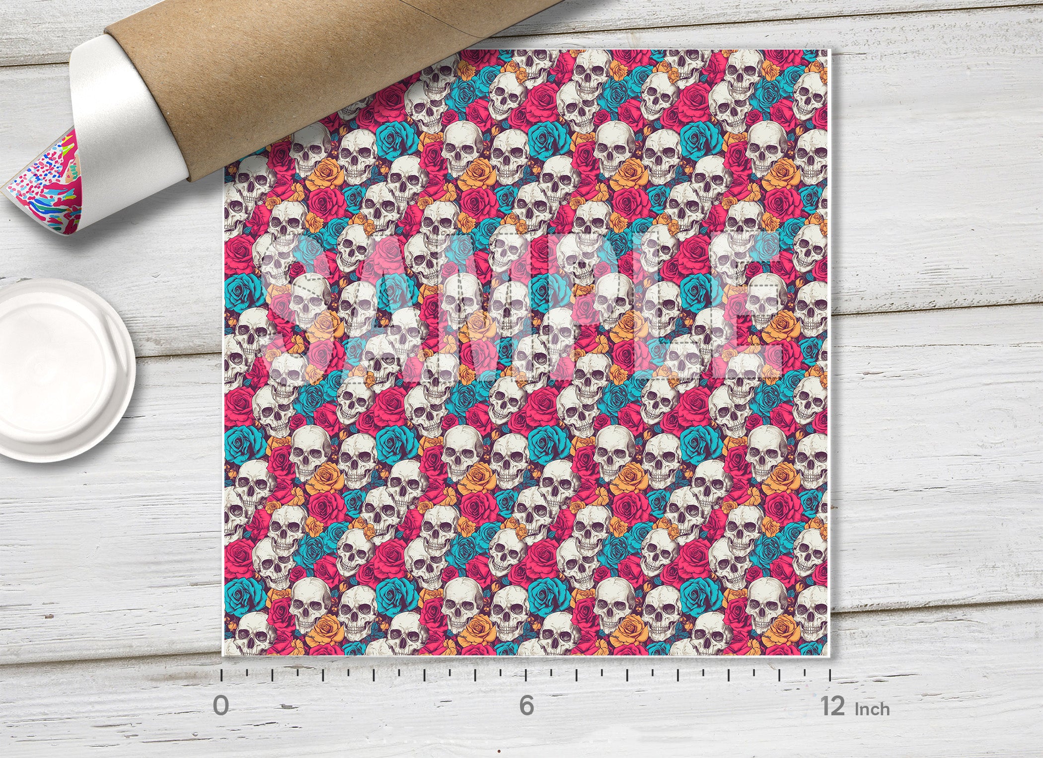 Vintage Skulls and Colorful Roses HTV 1700
