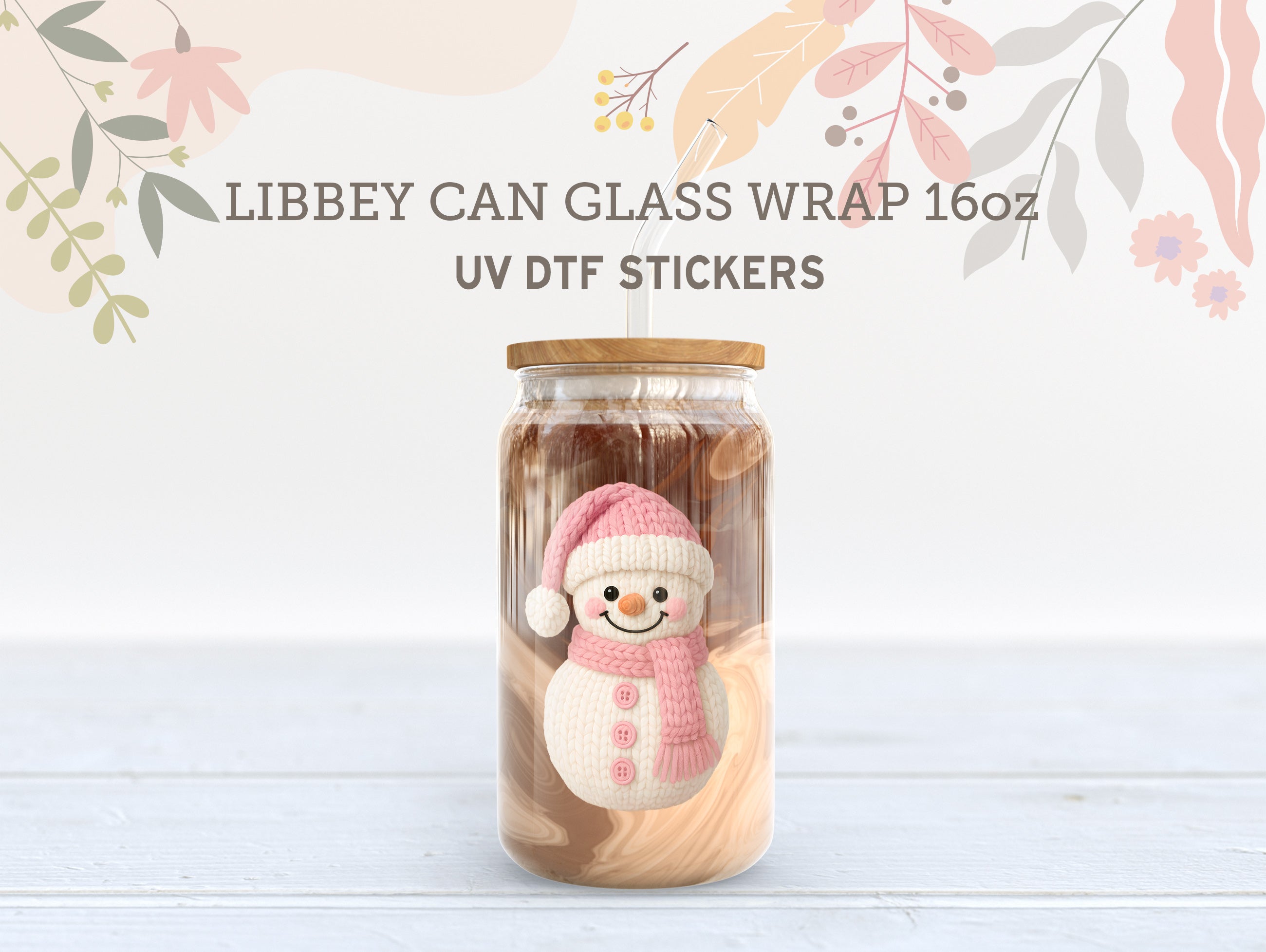 Pink Christmas UV DTF Wrap for 16oz Libbey Glass – Cute Knit Holiday Design UV195