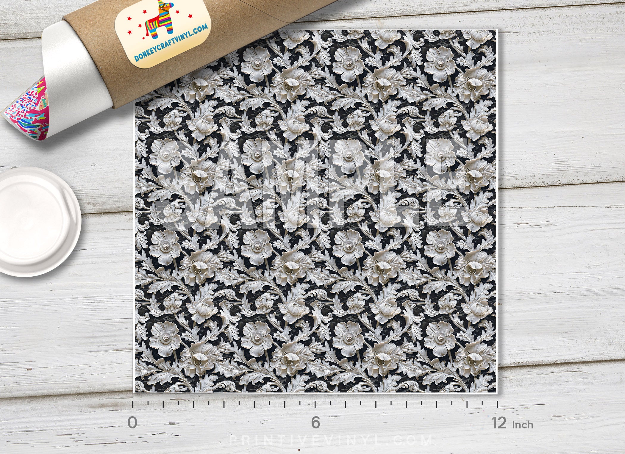 Elegant White Floral Carving Adhesive Vinyl 1684