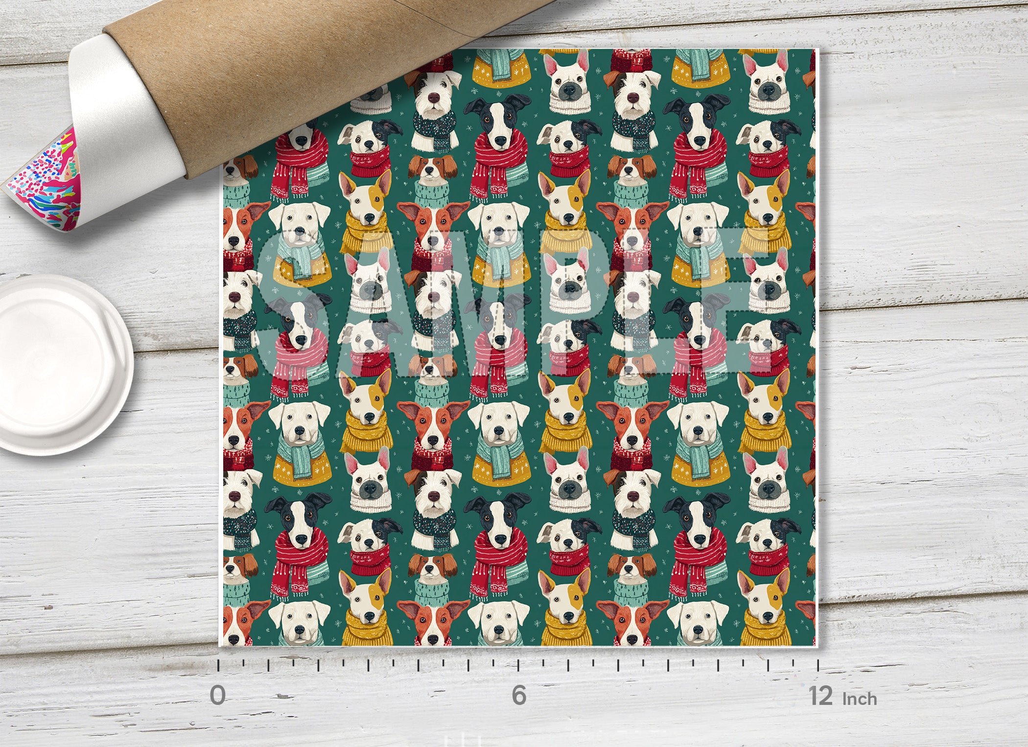 Winter Dogs in Scarves Pattern Adhesive Vinyl 1745