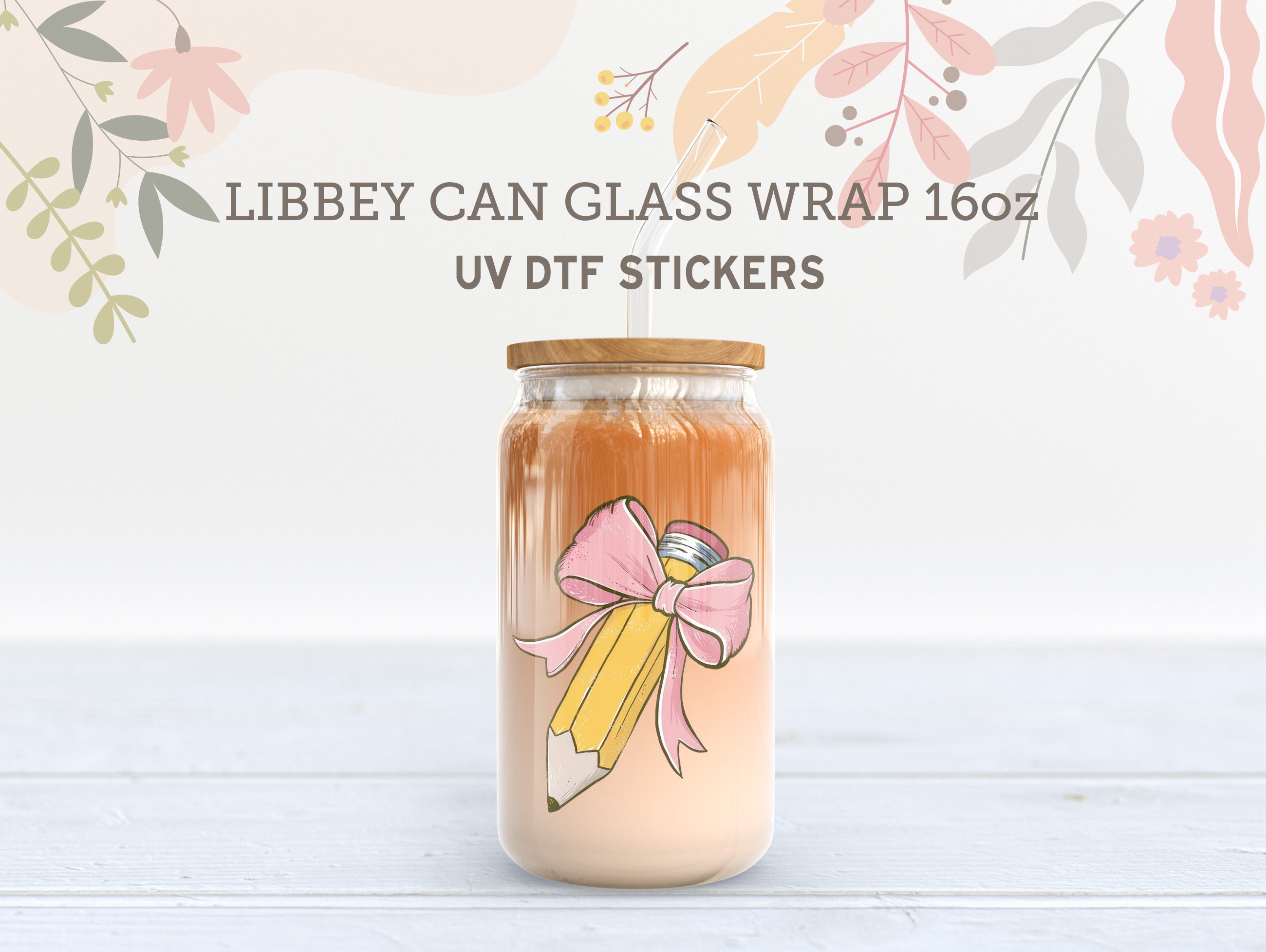 Pencil Bow UV DTF Wrap | 16oz Libbey Glass Cup Sticker UV079