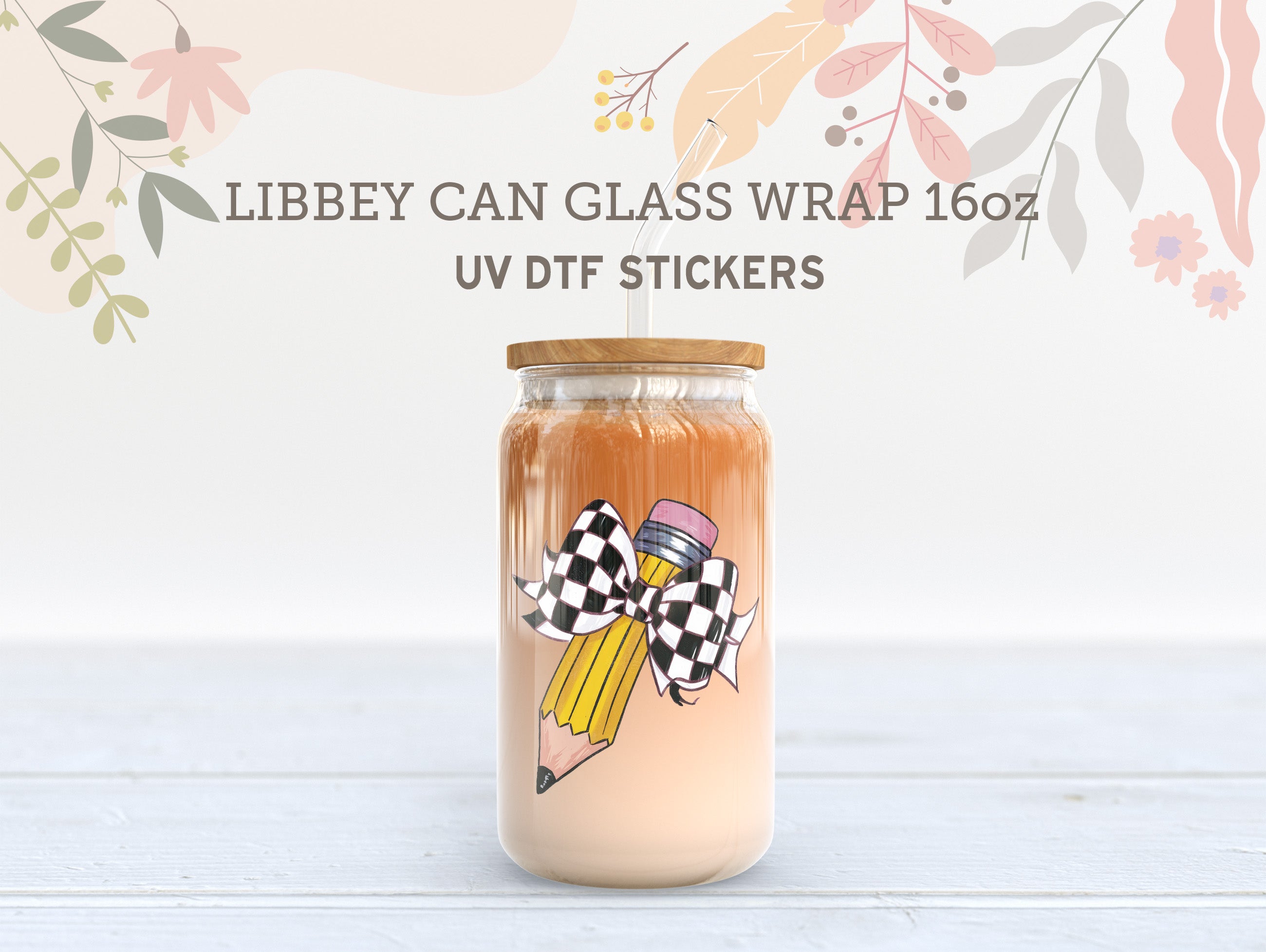 Pencil Bow UV DTF Wrap | 16oz Libbey Glass Cup Sticker UV079