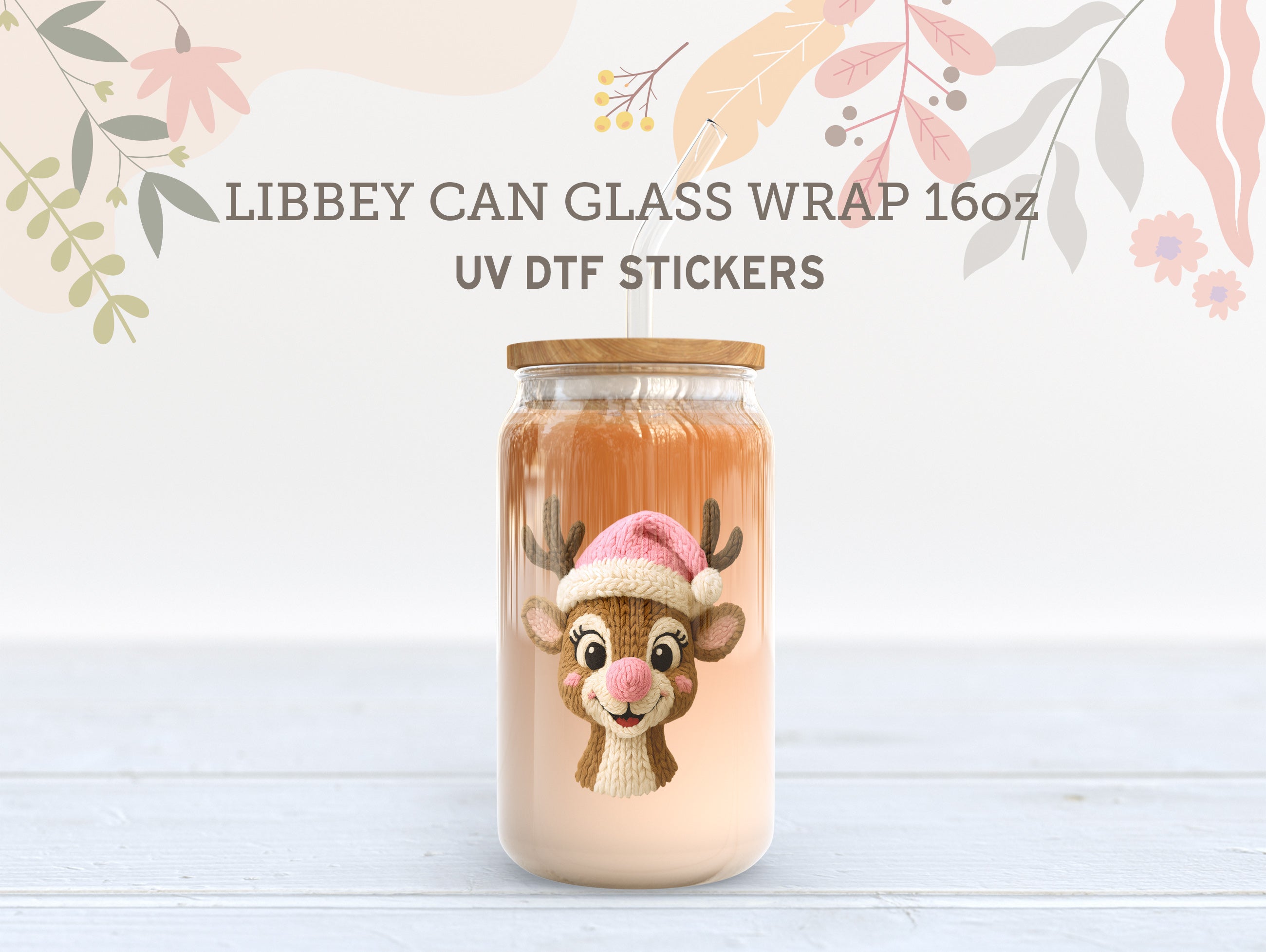 Pink Christmas UV DTF Wrap for 16oz Libbey Glass – Cute Knit Holiday Design UV195