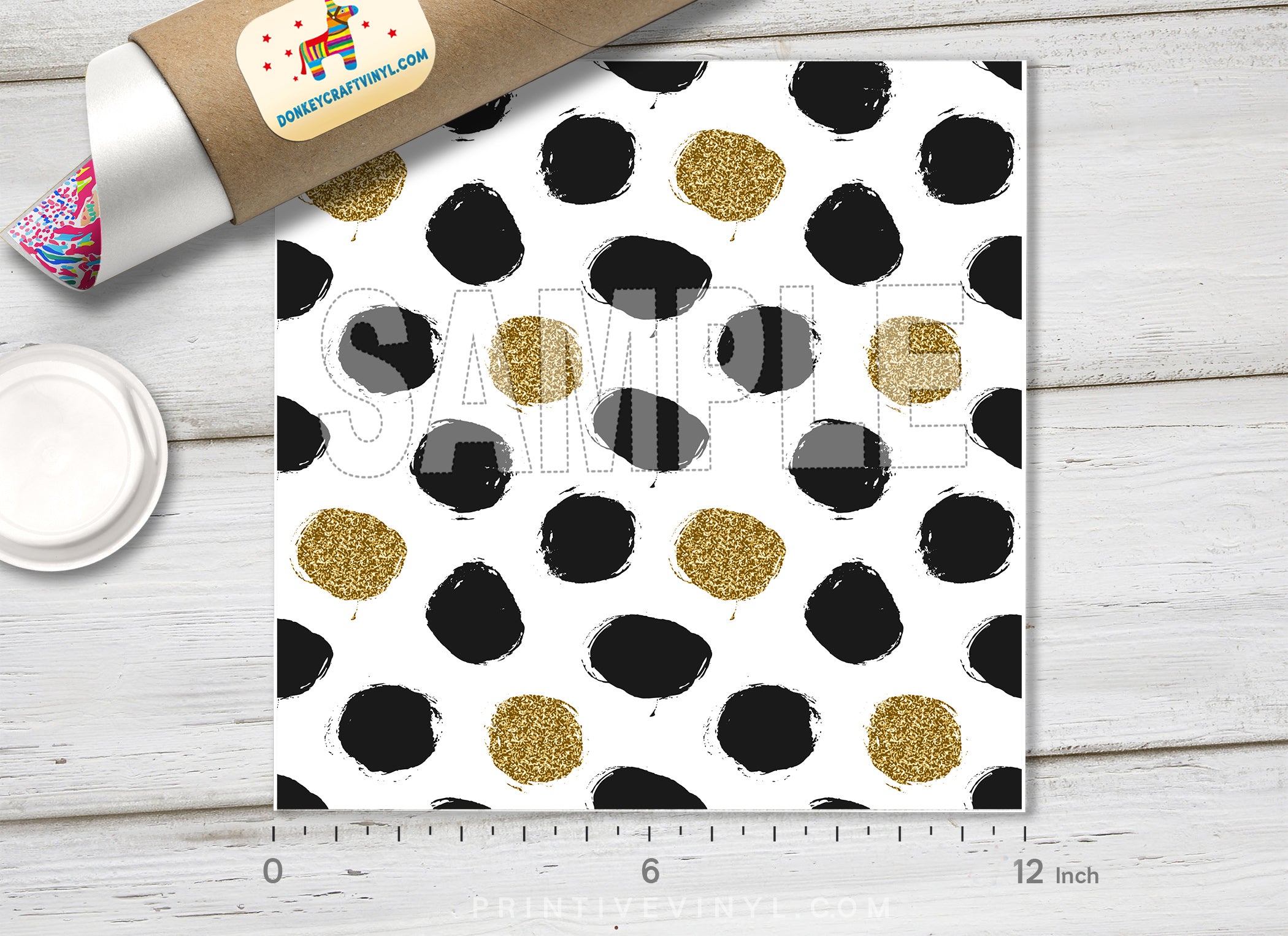 Black and Gold Glitter Polka Dot Adhesive Vinyl 1510