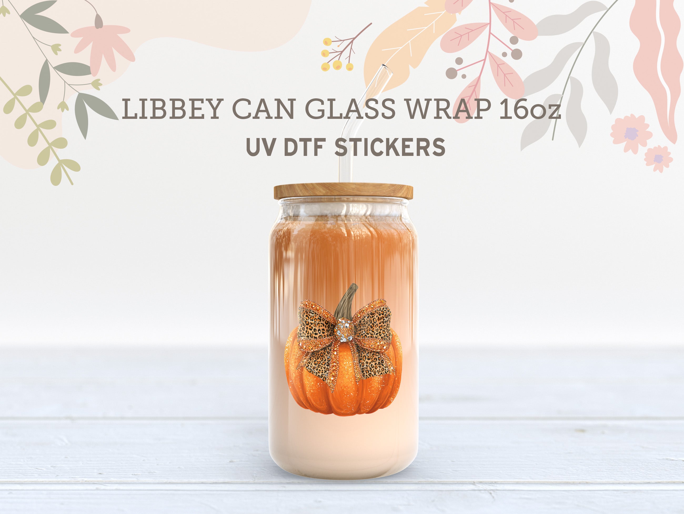 Leopard Bow Pumpkin UV DTF Libbey Wrap | Glitter Fall 16oz Glass Can Sticker UV180