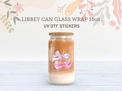 Pink Crystal Cherry Bow UV DTF Libbey Wrap | 16oz Glass Can Sticker UV168