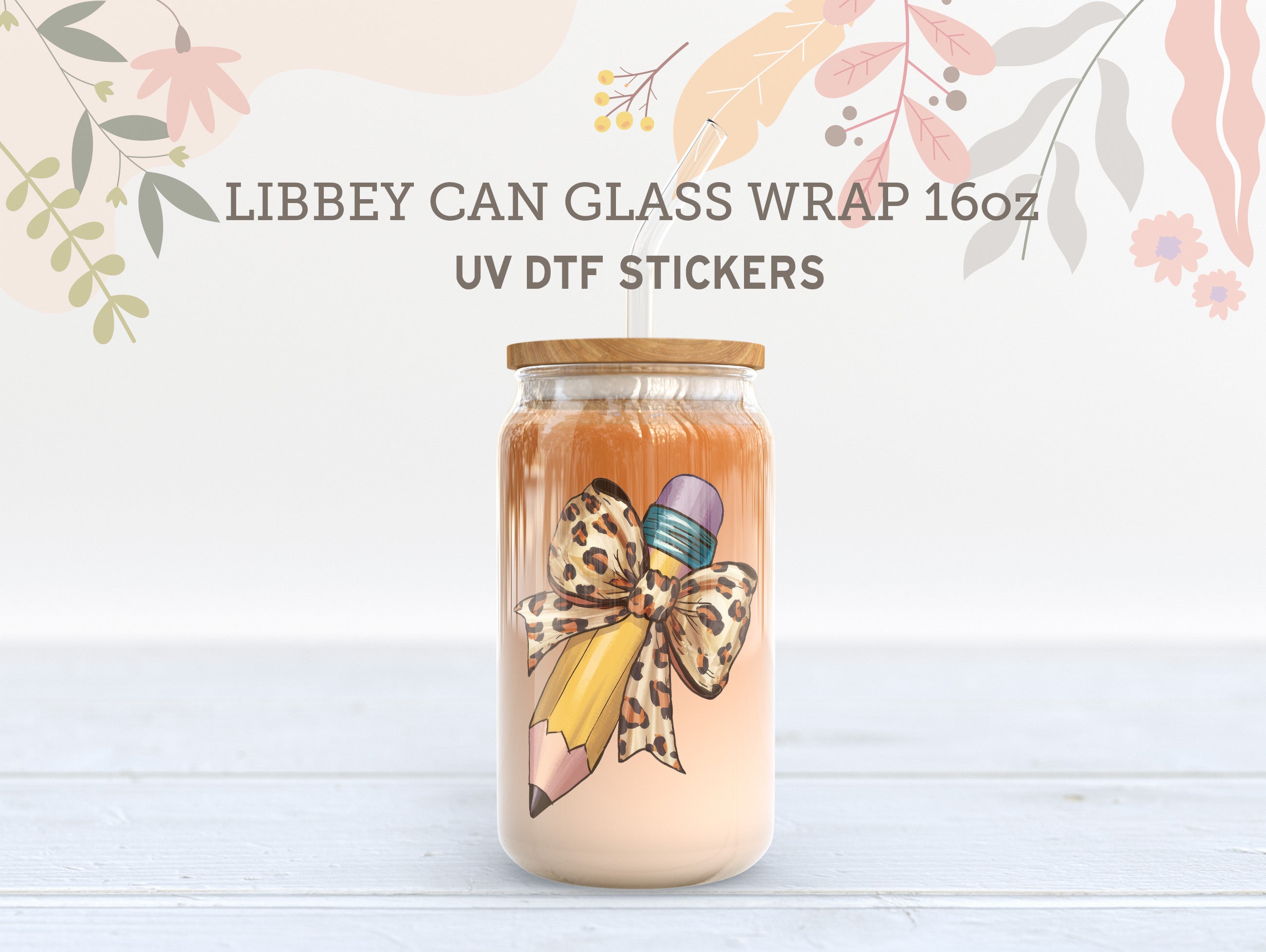 Pencil Bow UV DTF Wrap | 16oz Libbey Glass Cup Sticker UV079