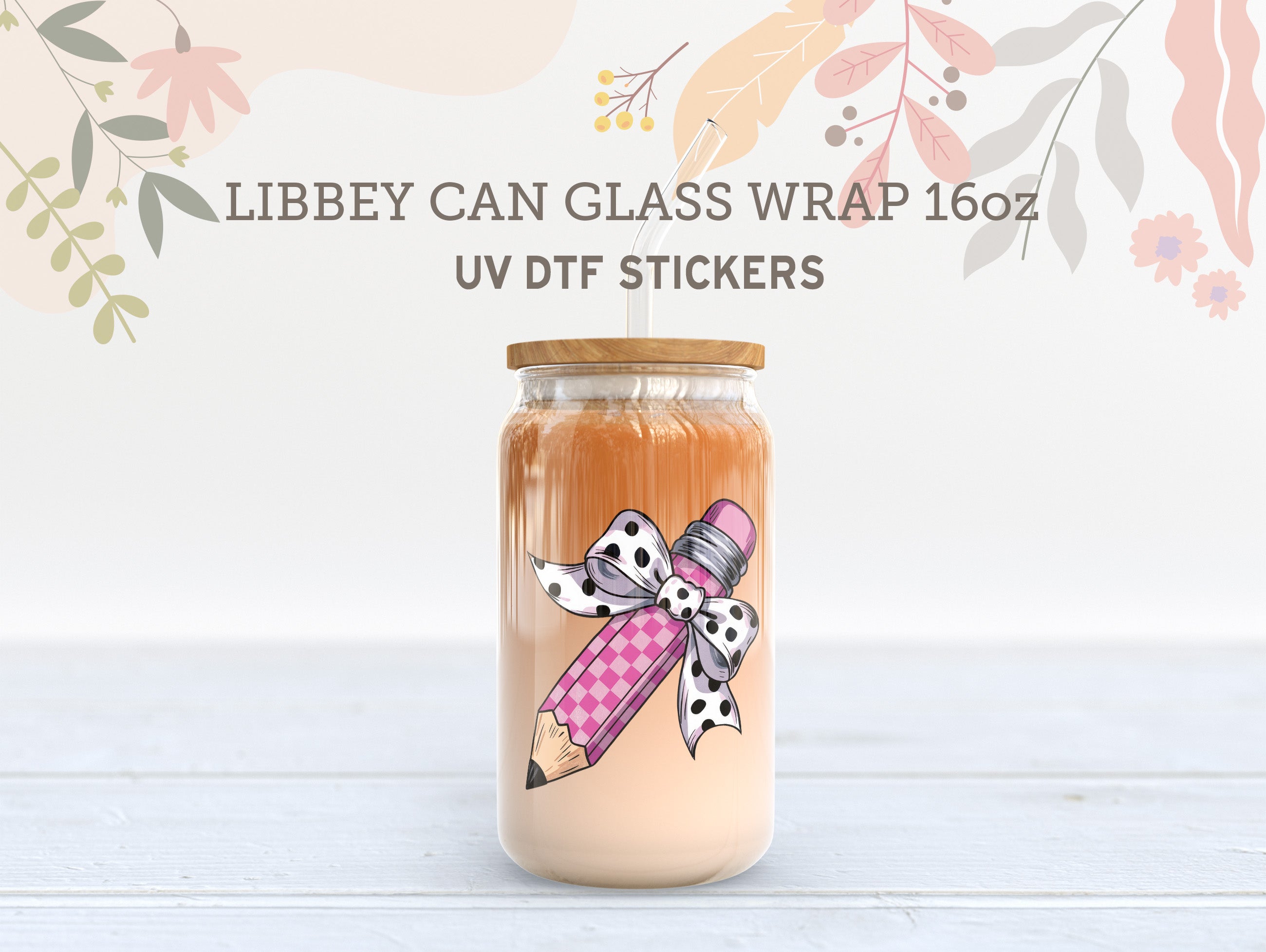Pencil Bow UV DTF Wrap | 16oz Libbey Glass Cup Sticker UV079