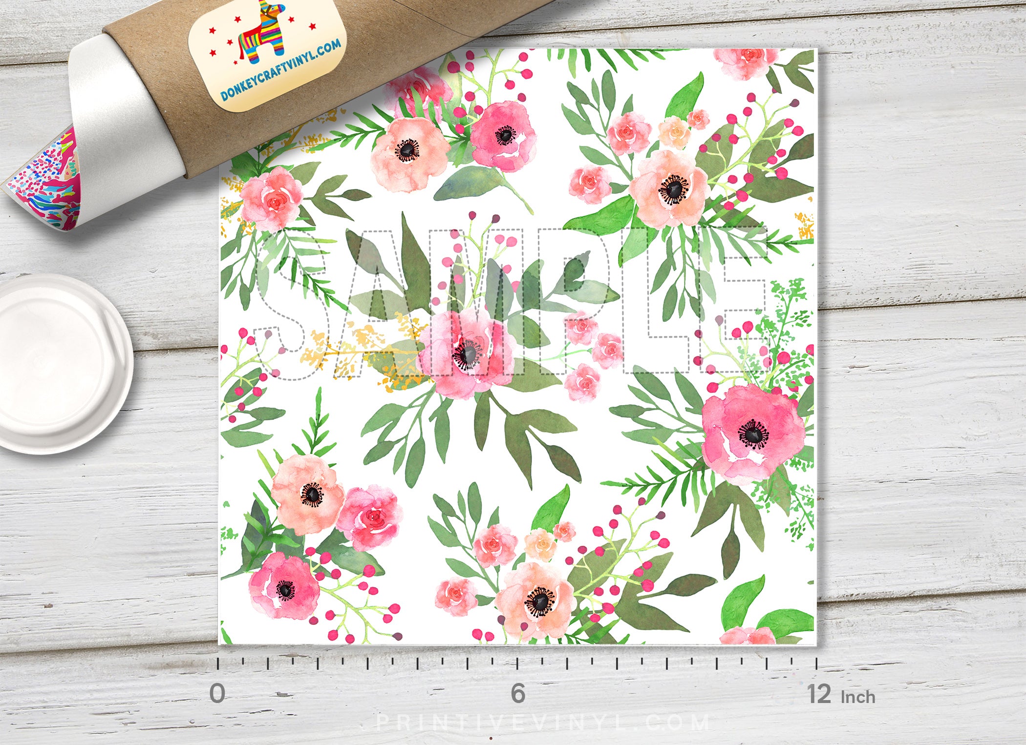 Pink Floral Adhesive Vinyl 1383 - Donkey Craft Vinyl