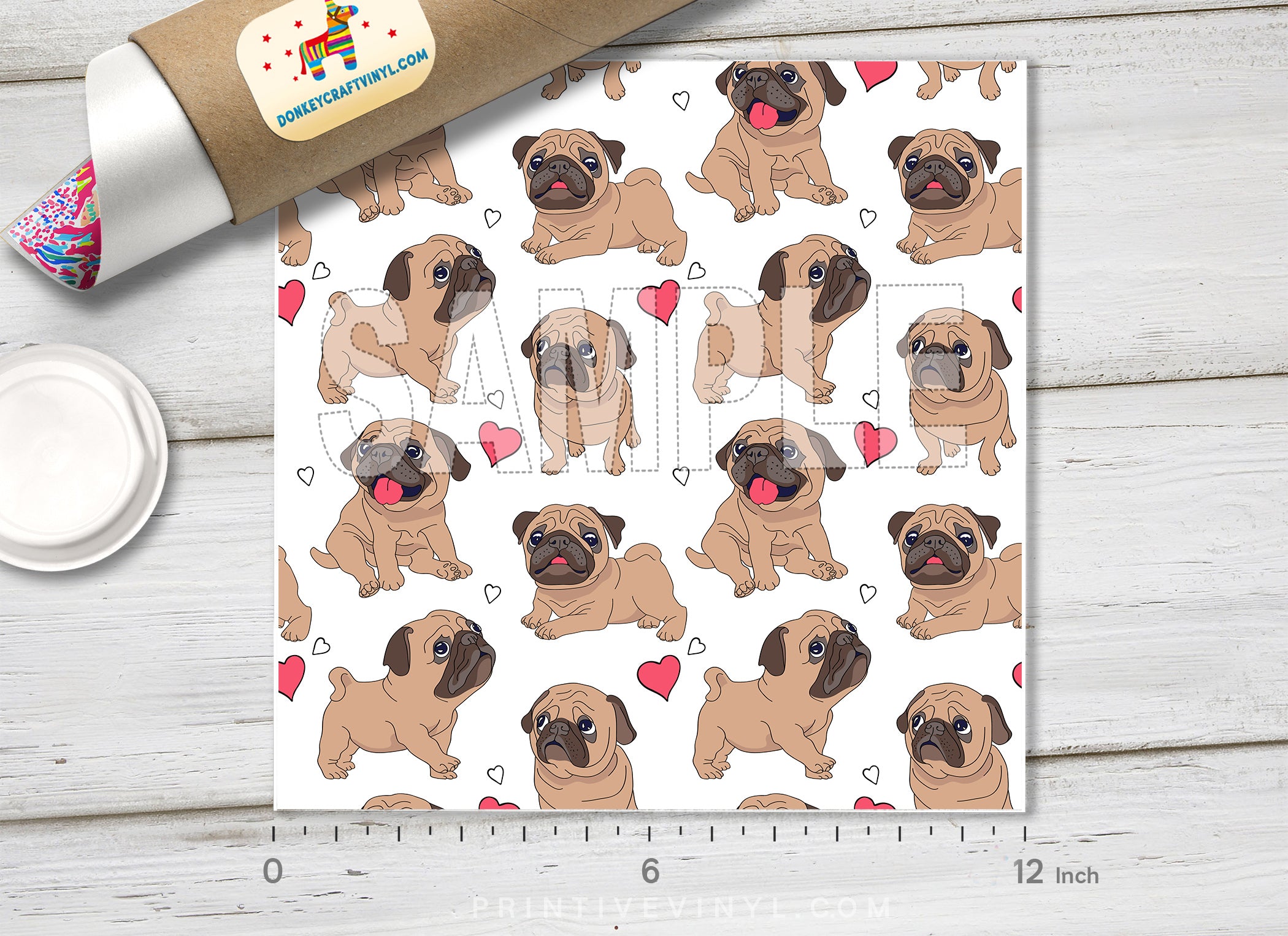 Cute Pug & Hearts Adhesive Vinyl 1371 - Donkey Craft Vinyl