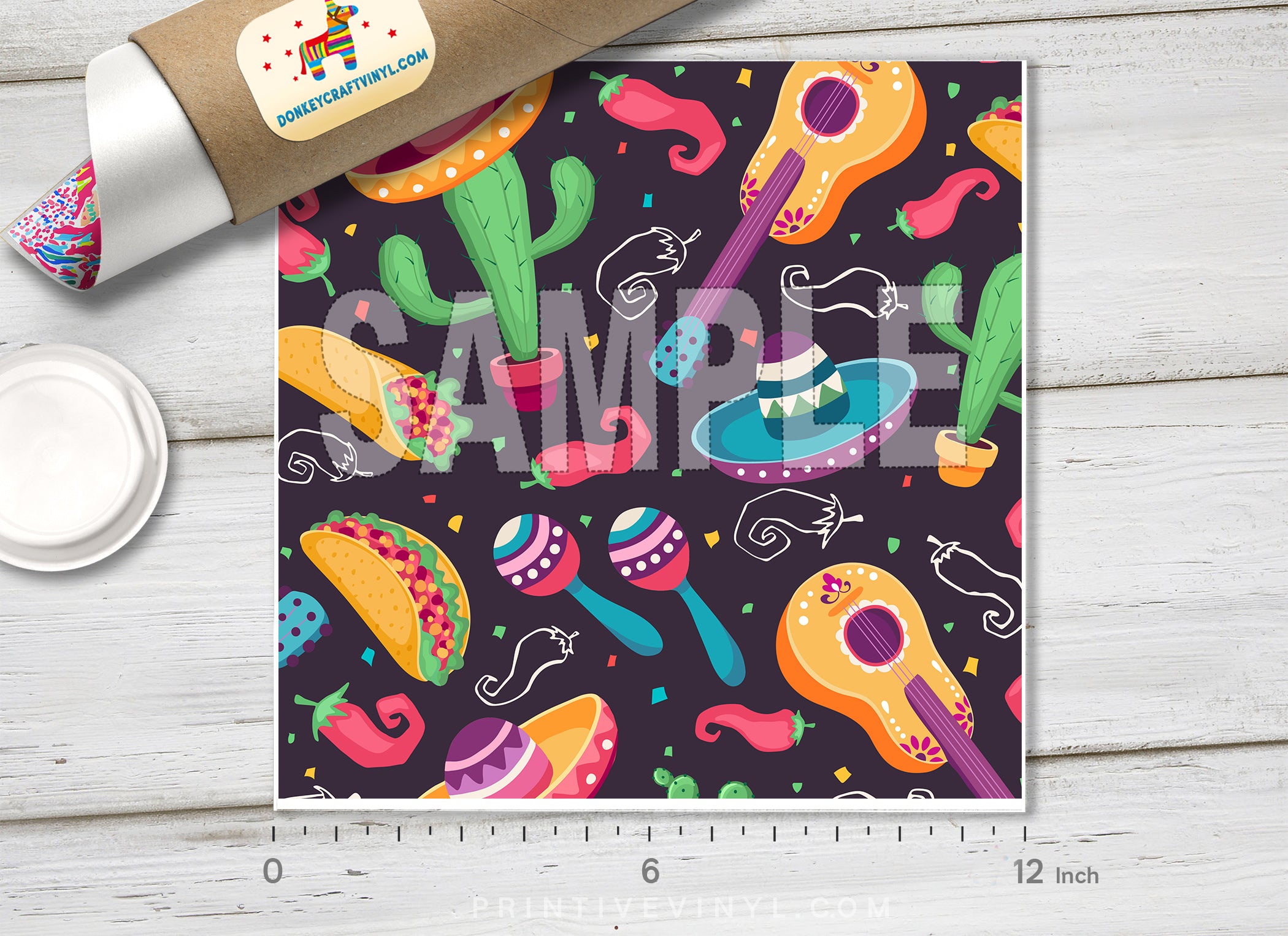 Festive Mexican Fiesta Taco and Cactus Print Adhesive Vinyl 1327 - Donkey Craft Vinyl