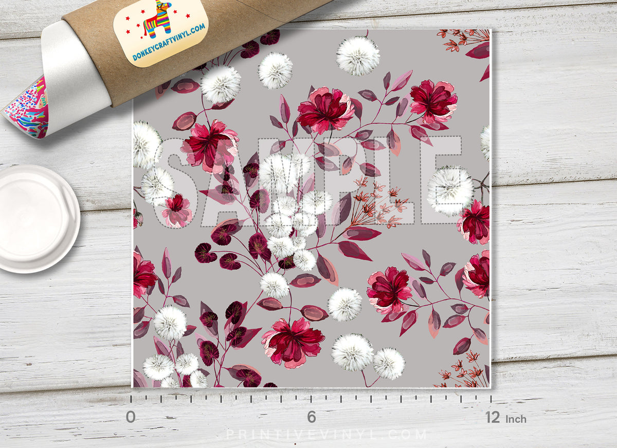 Burgundy Floral Adhesive Vinyl 1364 - Donkey Craft Vinyl
