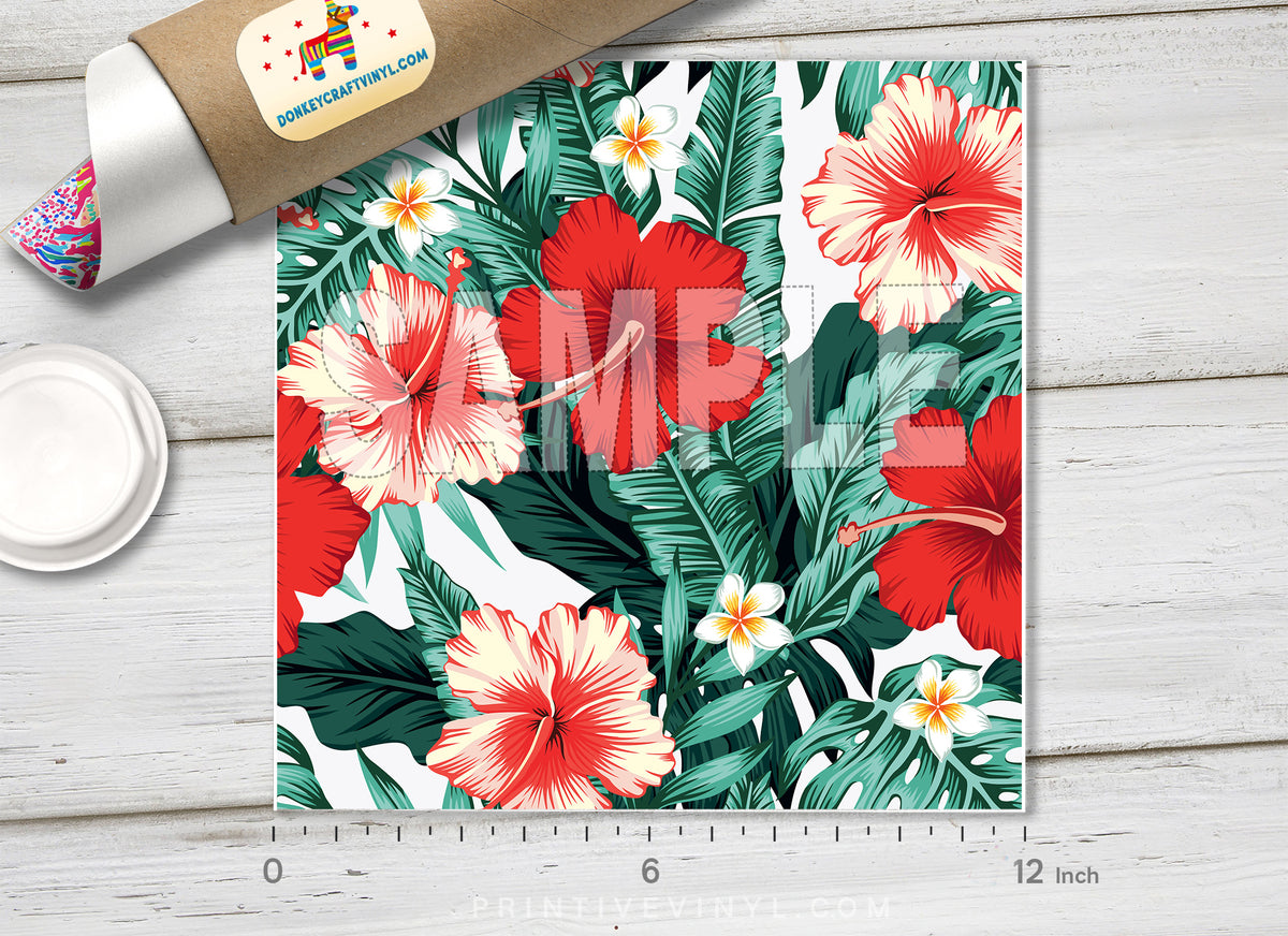 Tropical Red Hibiscus Floral Pattern HTV 1527