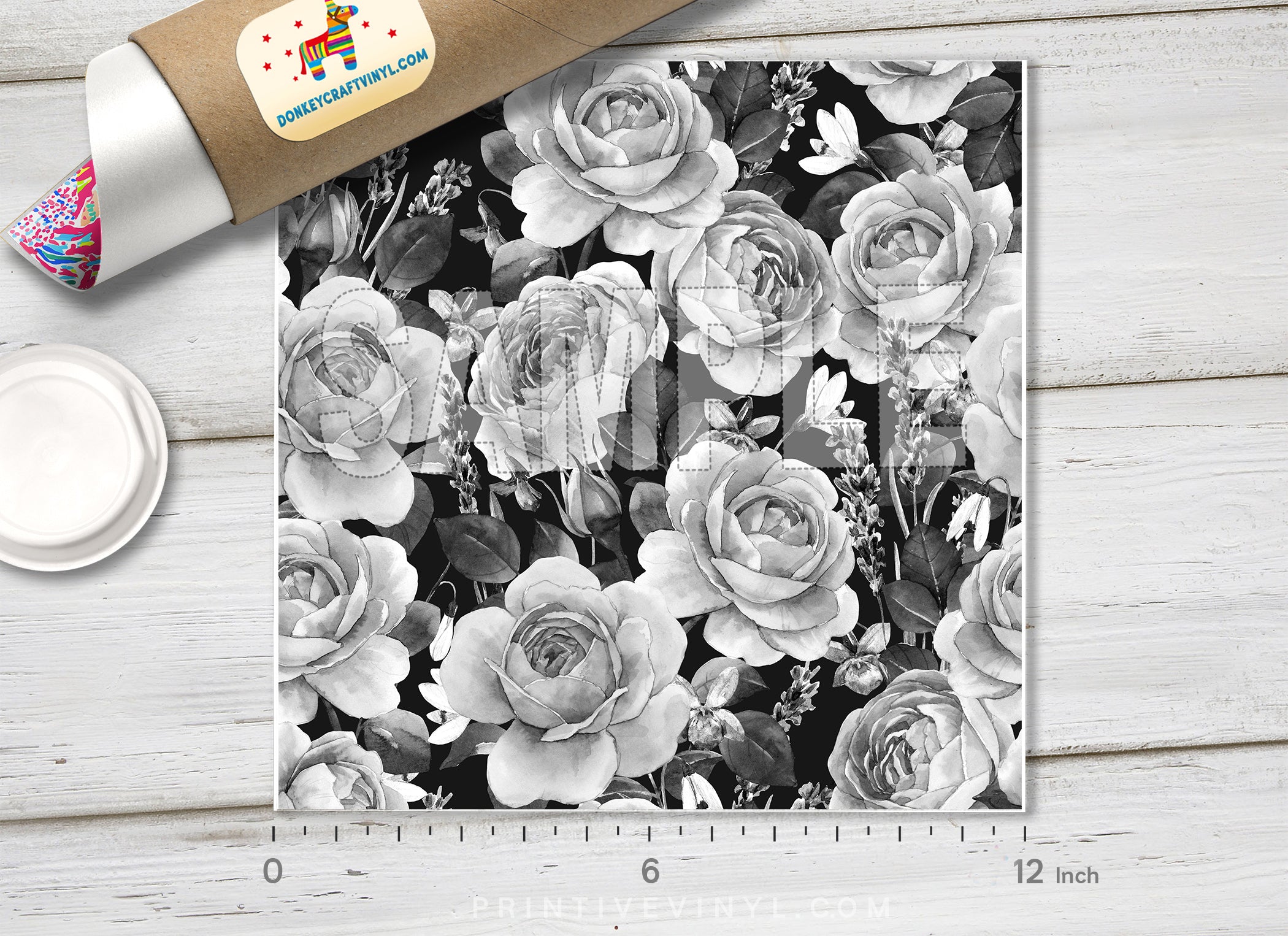 Monochrome Rose Floral Adhesive Vinyl 1361 - Donkey Craft Vinyl