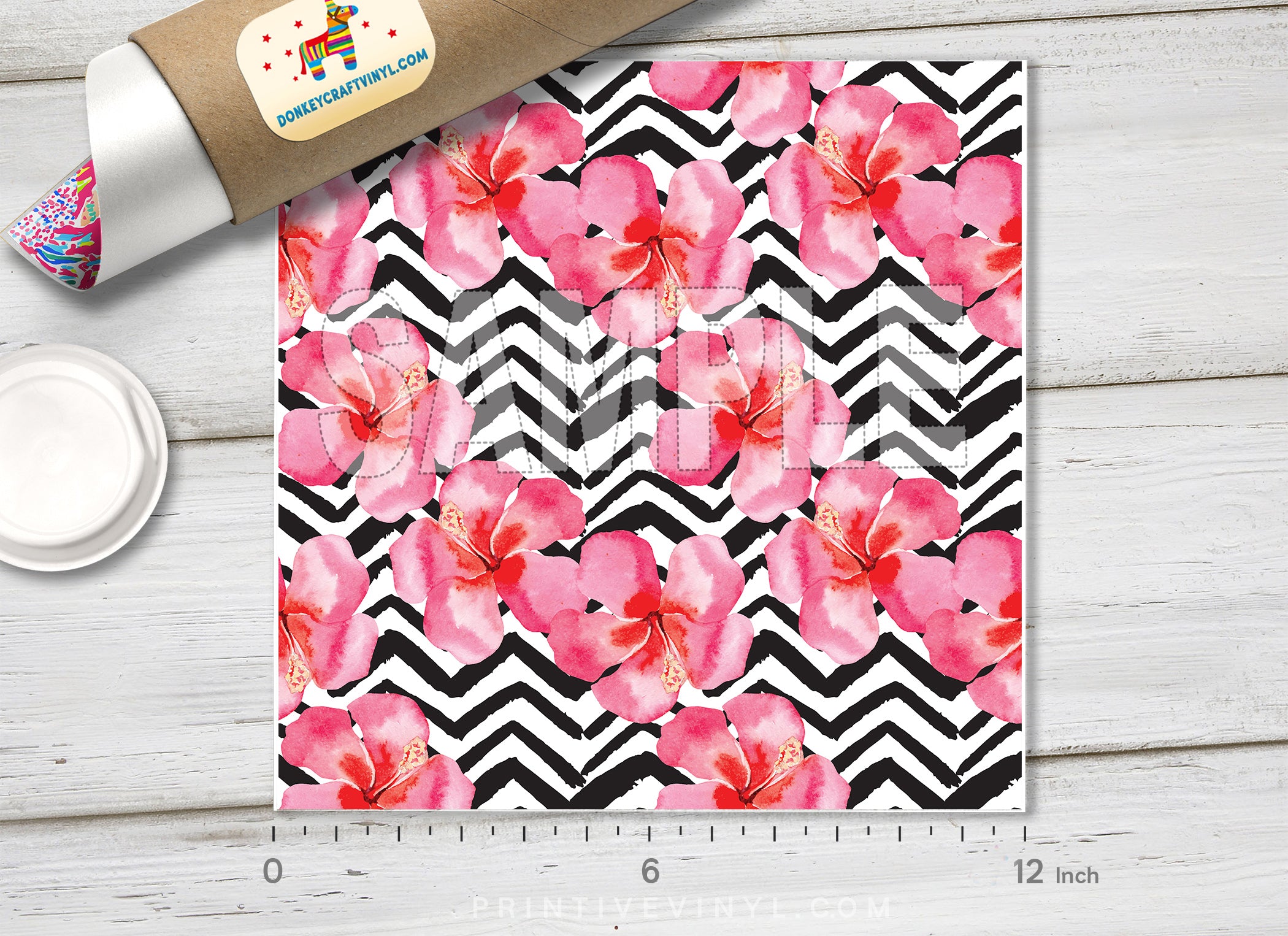 Hibiscus Floral Chevron Adhesive Vinyl 1476 - Donkey Craft Vinyl