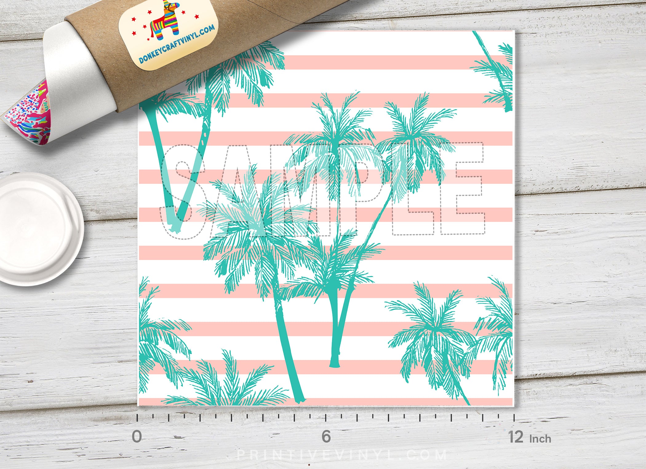 Mint Palm Trees & Pink Stripes Adhesive Vinyl 1387 - Donkey Craft Vinyl