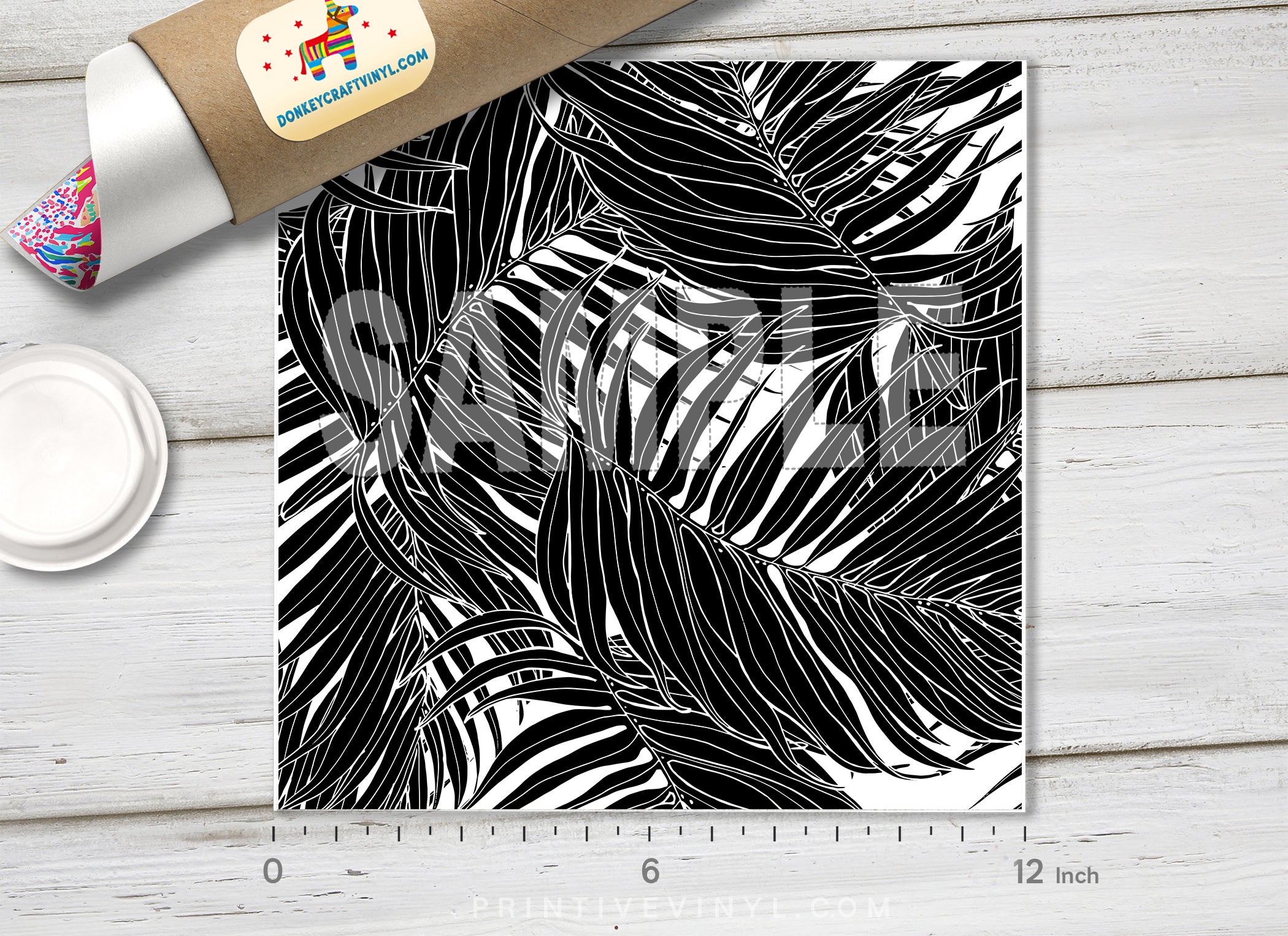 Black and White Palm Leaves Adhesive Vinyl 1320 - Donkey Craft Vinyl
