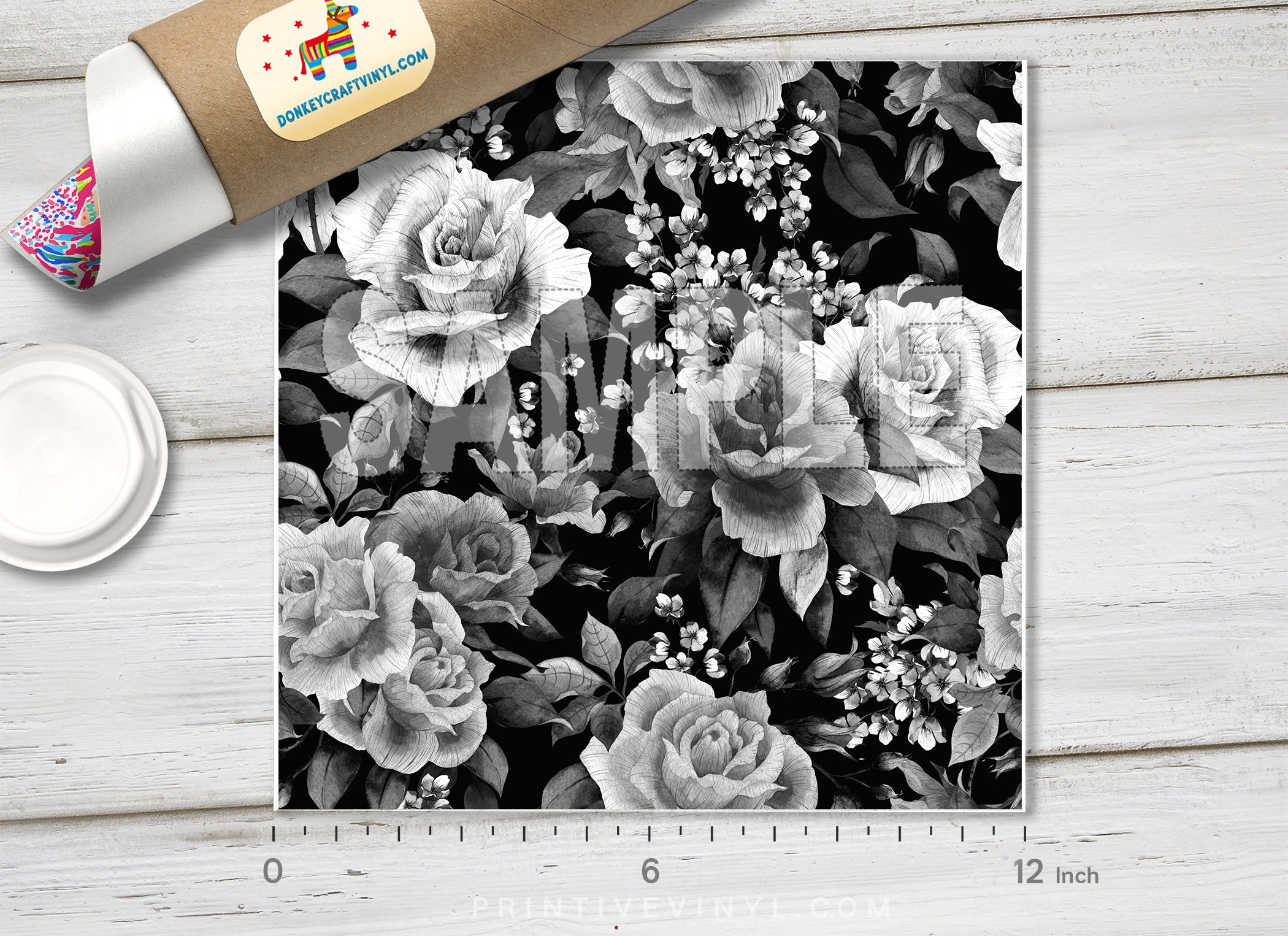 Black & White Rose Floral Adhesive Vinyl 1372 - Donkey Craft Vinyl