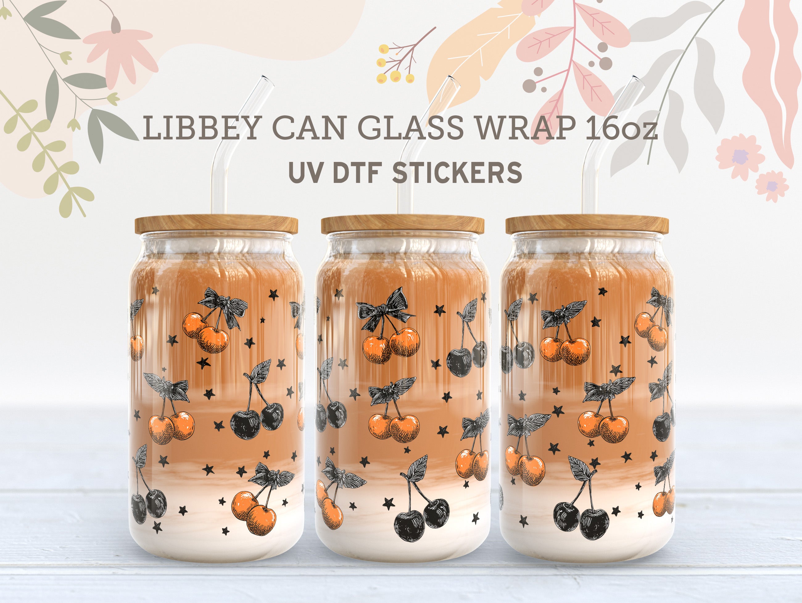 Cherry Libbey Wrap UV DTF Sticker for 16oz Glass Can – Retro Fruit Design UV160
