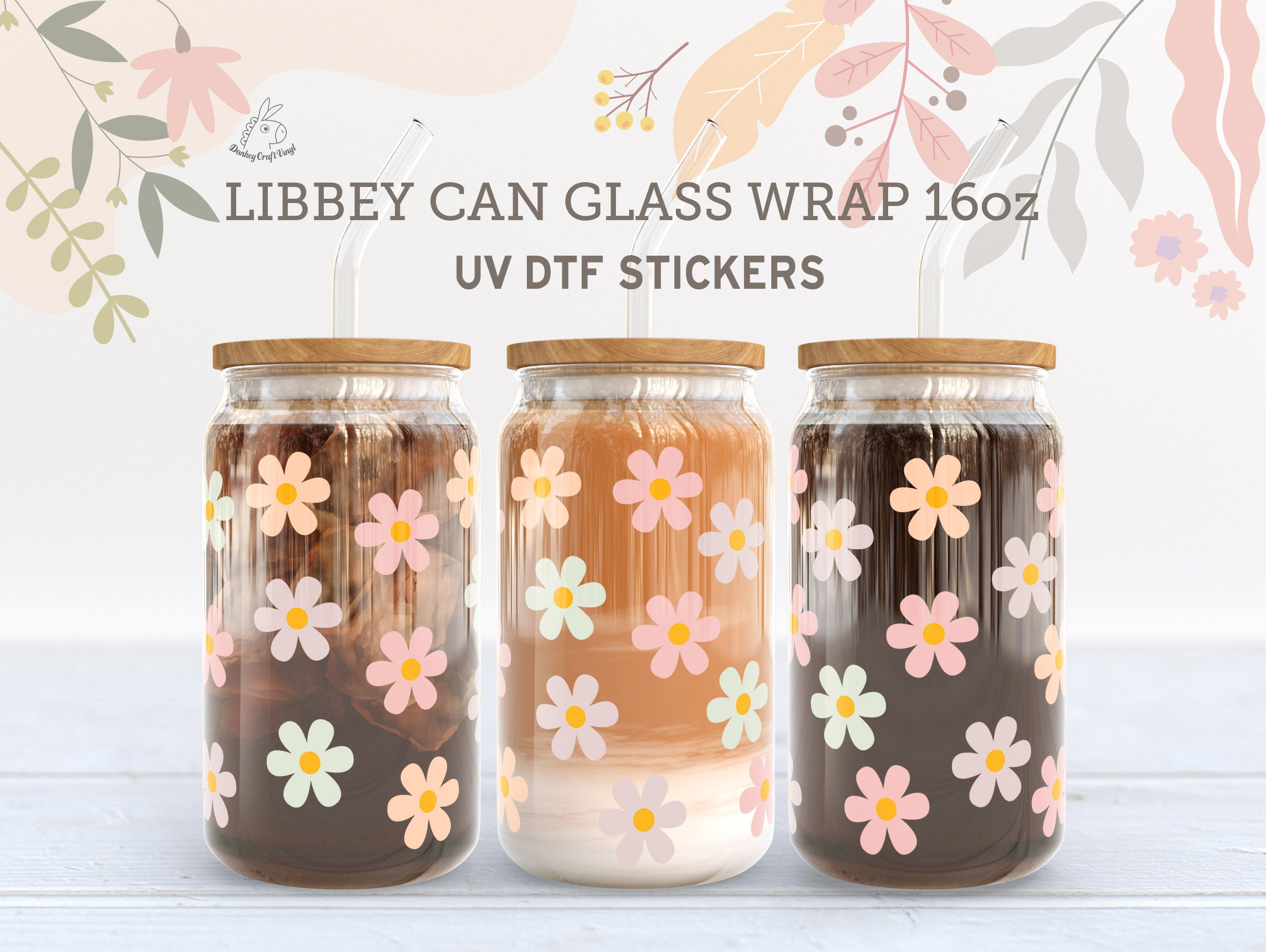 Flowers UV DTF, Ready to Transfer, 16 oz Libbey Glass Can Wrap UV013