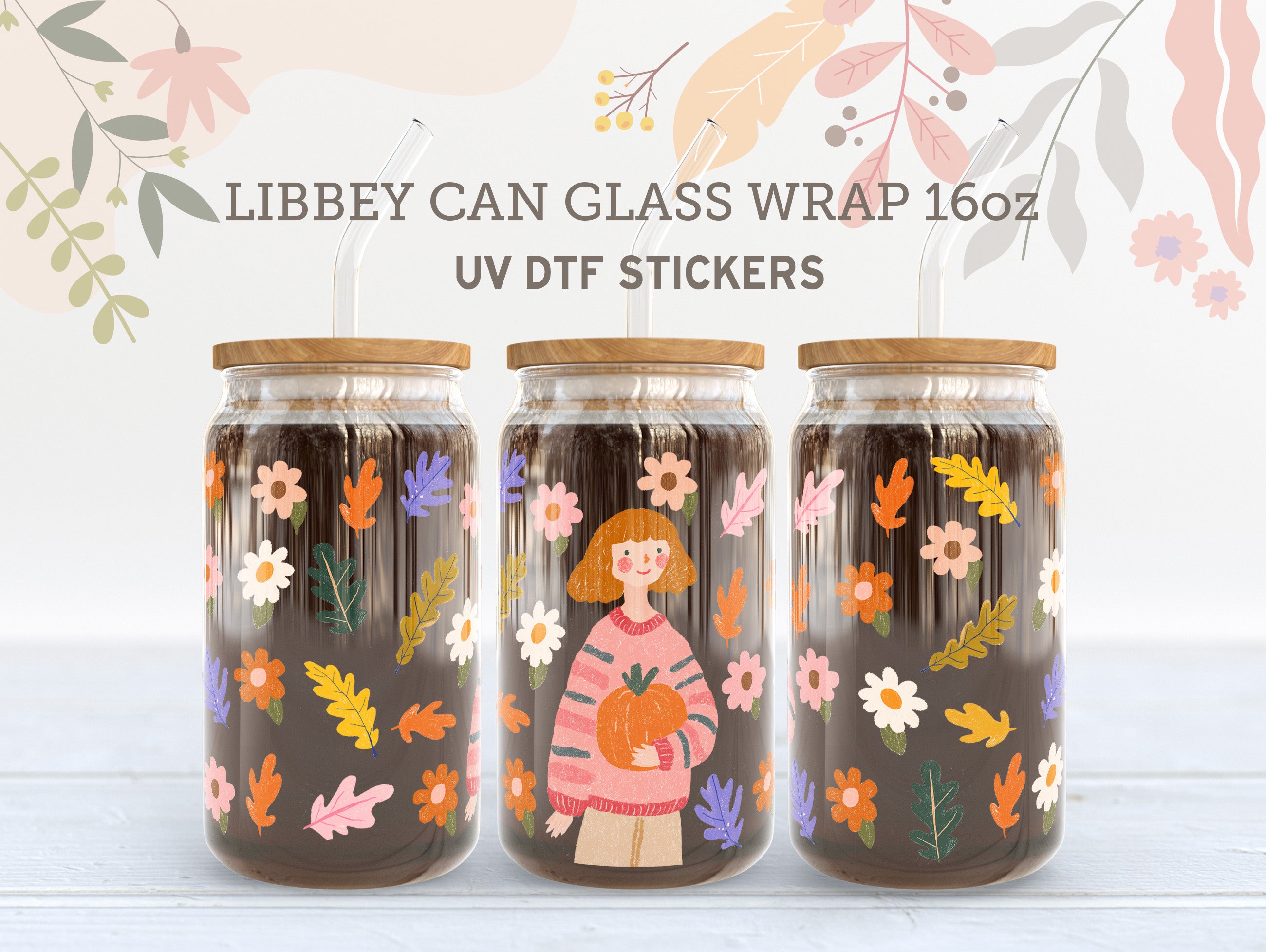 Fall Girl with Pumpkin UV DTF Libbey Wrap | Autumn Aesthetic 16oz Glass Can Sticker UV179