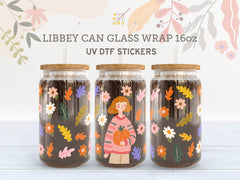 Fall Girl with Pumpkin UV DTF Libbey Wrap | Autumn Aesthetic 16oz Glass Can Sticker UV179