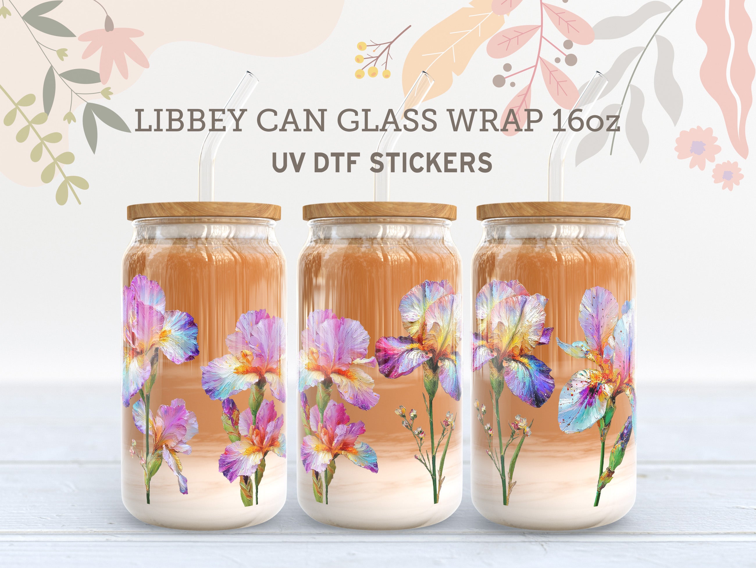 Rainbow Iris Flower UV DTF Wrap for 16oz Libbey Glass | Floral Design UV142
