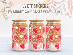 Strawberries UV DTF, Ready to Transfer, 16 oz Libbey Glass Can Wrap UV004