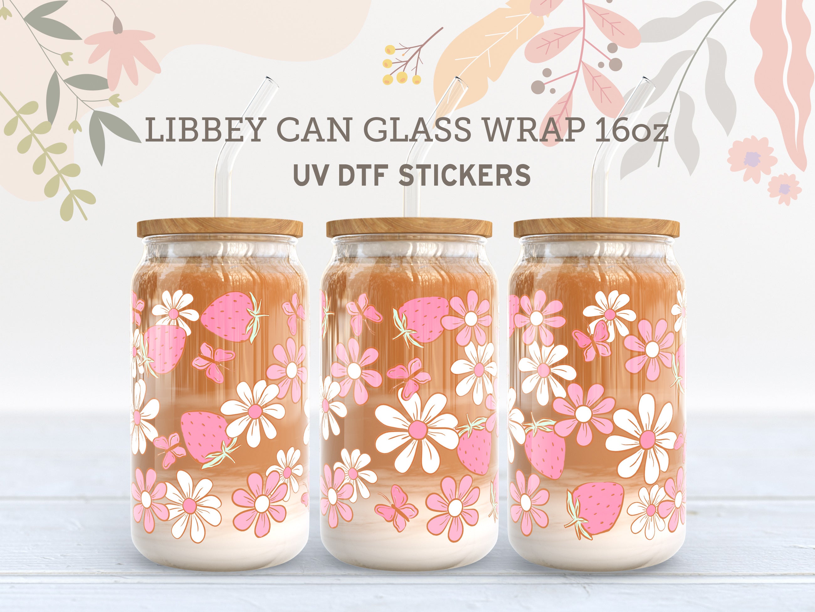 Strawberry Daisy UV DTF Wrap for 16oz Libbey Glass Cup UV101
