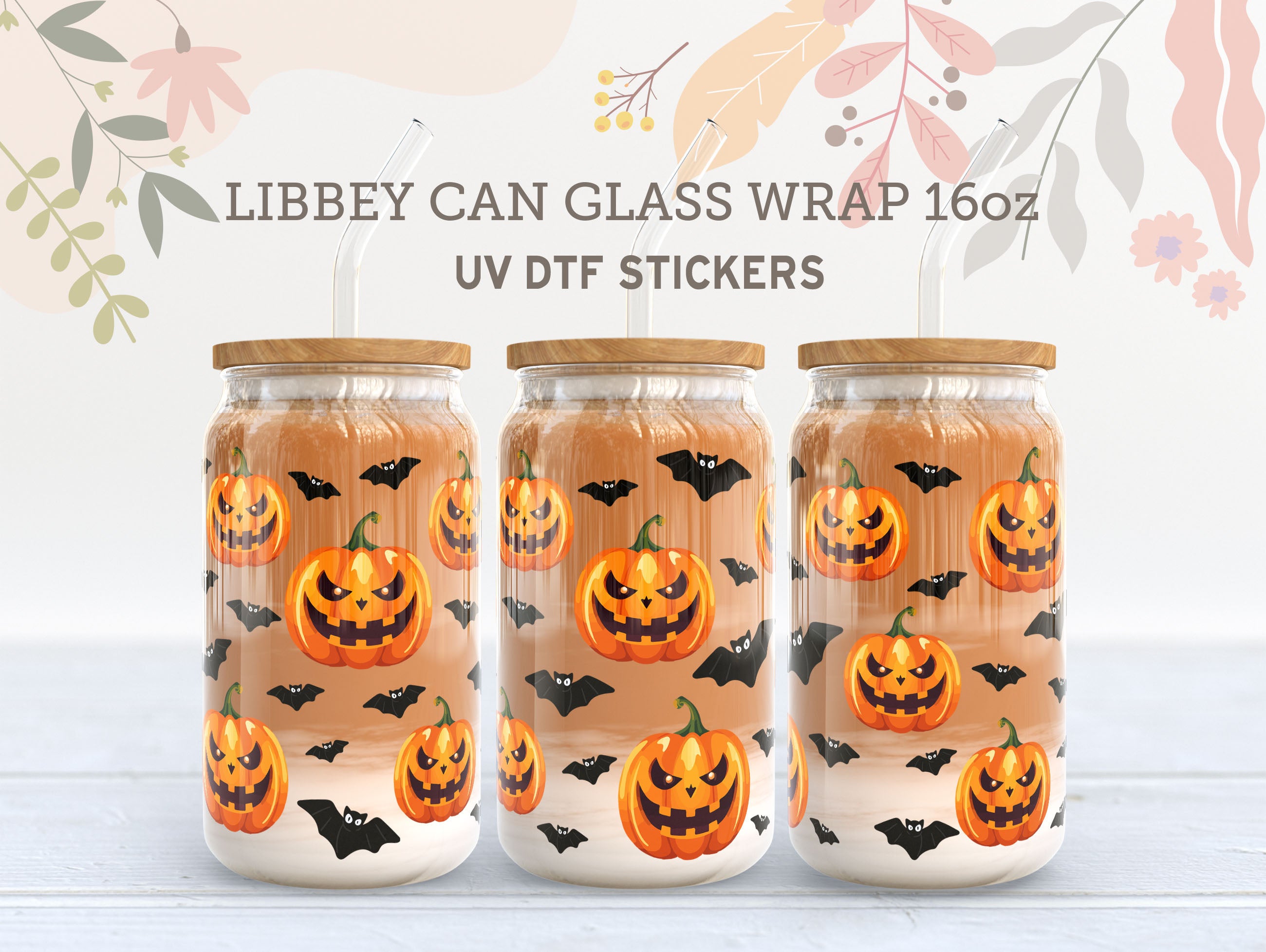 Jack-O’-Lantern & Bat UV DTF Libbey Glass Wrap | 16oz Halloween Sticker UV042