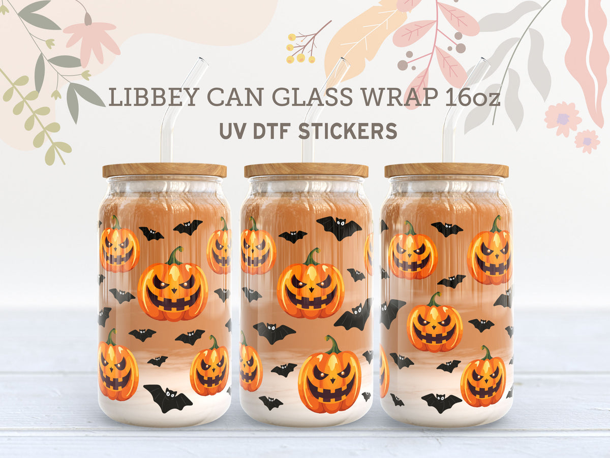 Jack-O’-Lantern & Bat UV DTF Libbey Glass Wrap | 16oz Halloween Sticker UV042