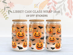 Jack-O’-Lantern & Bat UV DTF Libbey Glass Wrap | 16oz Halloween Sticker UV042