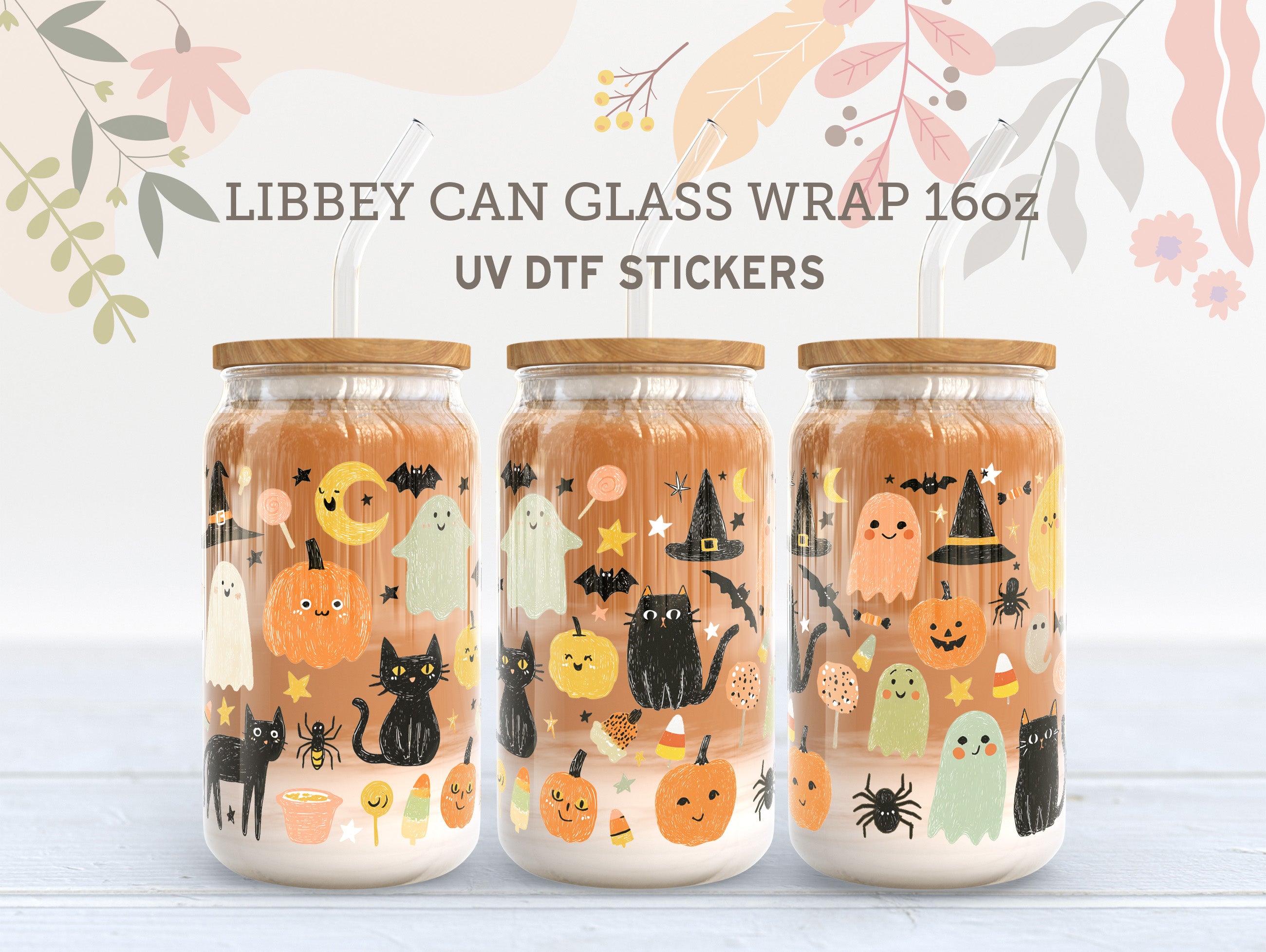 Halloween Libbey Glass 16oz UV DTF Wrap – Cute Ghost & Pumpkin Sticker  UV164