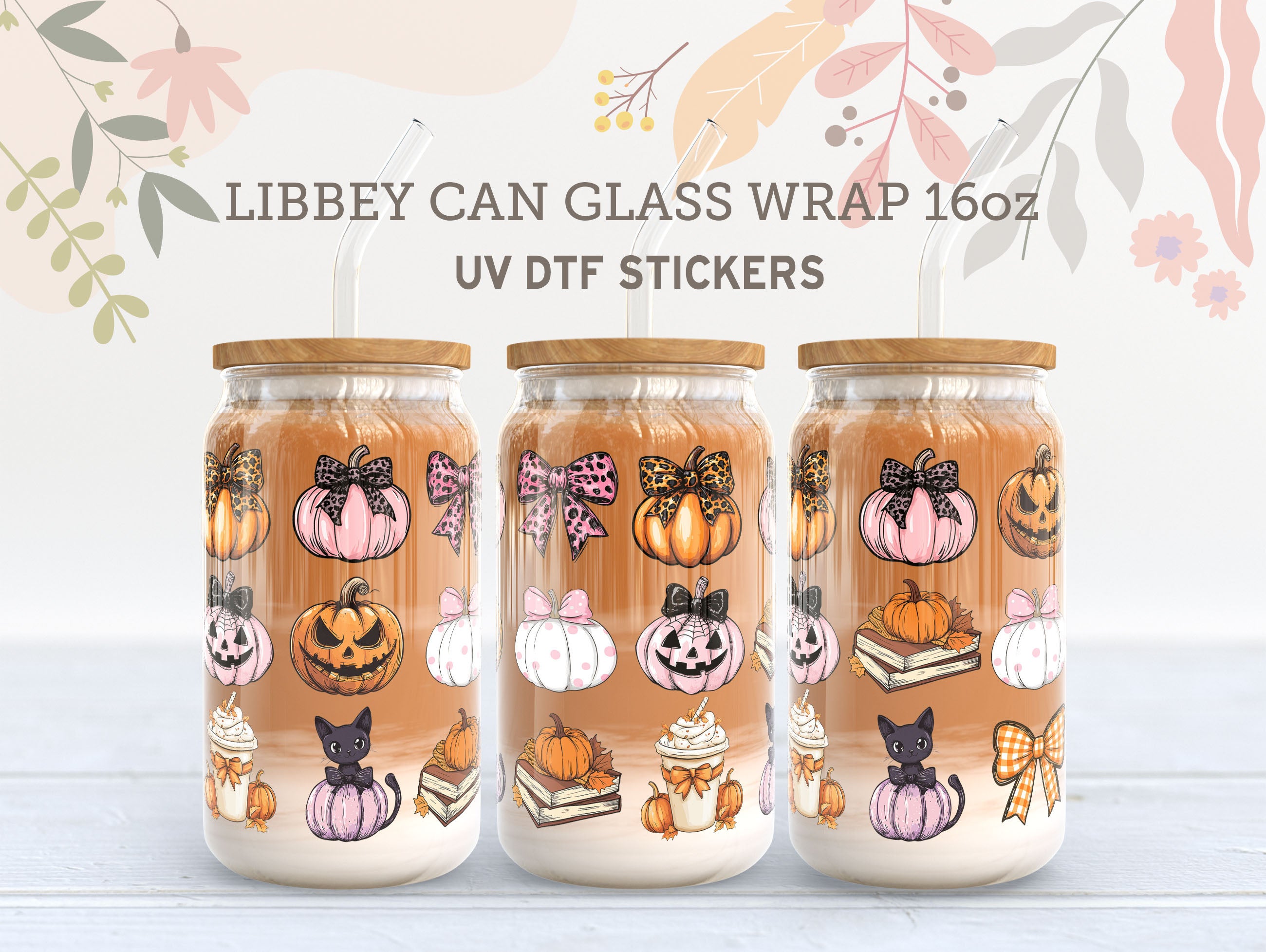 Halloween Pumpkins & Black Cat UV DTF Wrap for 16oz Libbey Glass UV134