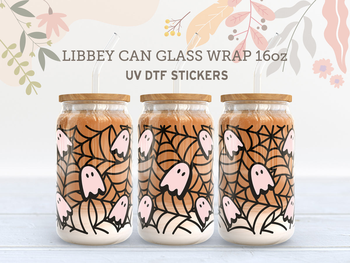 Pink Ghost & Spider Web UV DTF Wrap for 16oz Libbey Glass Can UV033