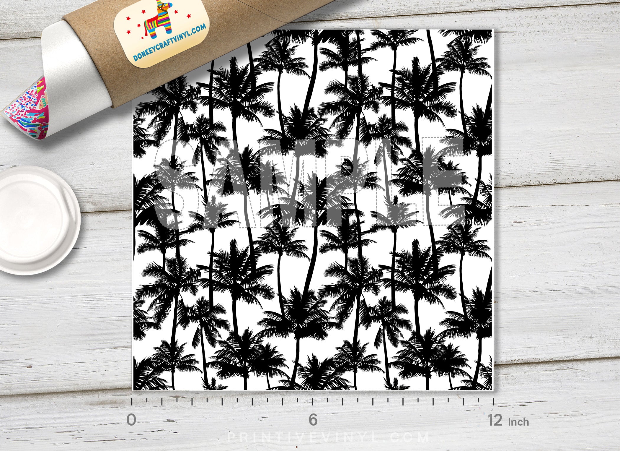 Black and White Plam Tree Patterned Adhesive Vinyl 971
